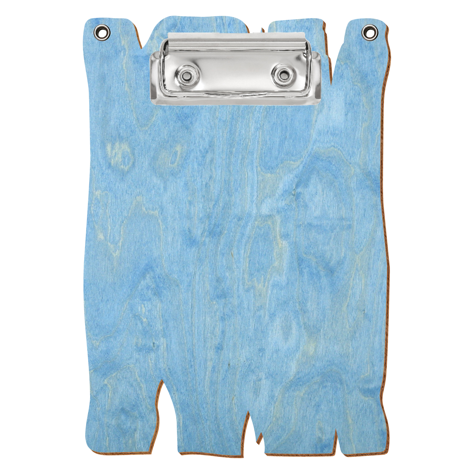 Klemmbrett Holzbrettform mit 2 Ösen Hellblau A6 hochkant Bügelklemme silber