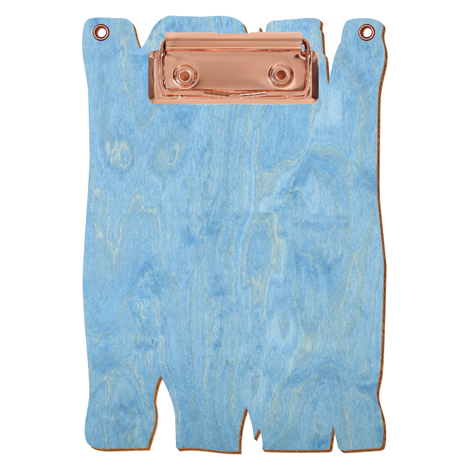 Klemmbrett Holzbrettform mit 2 Ösen Hellblau A6 hochkant Bügelklemme roségold