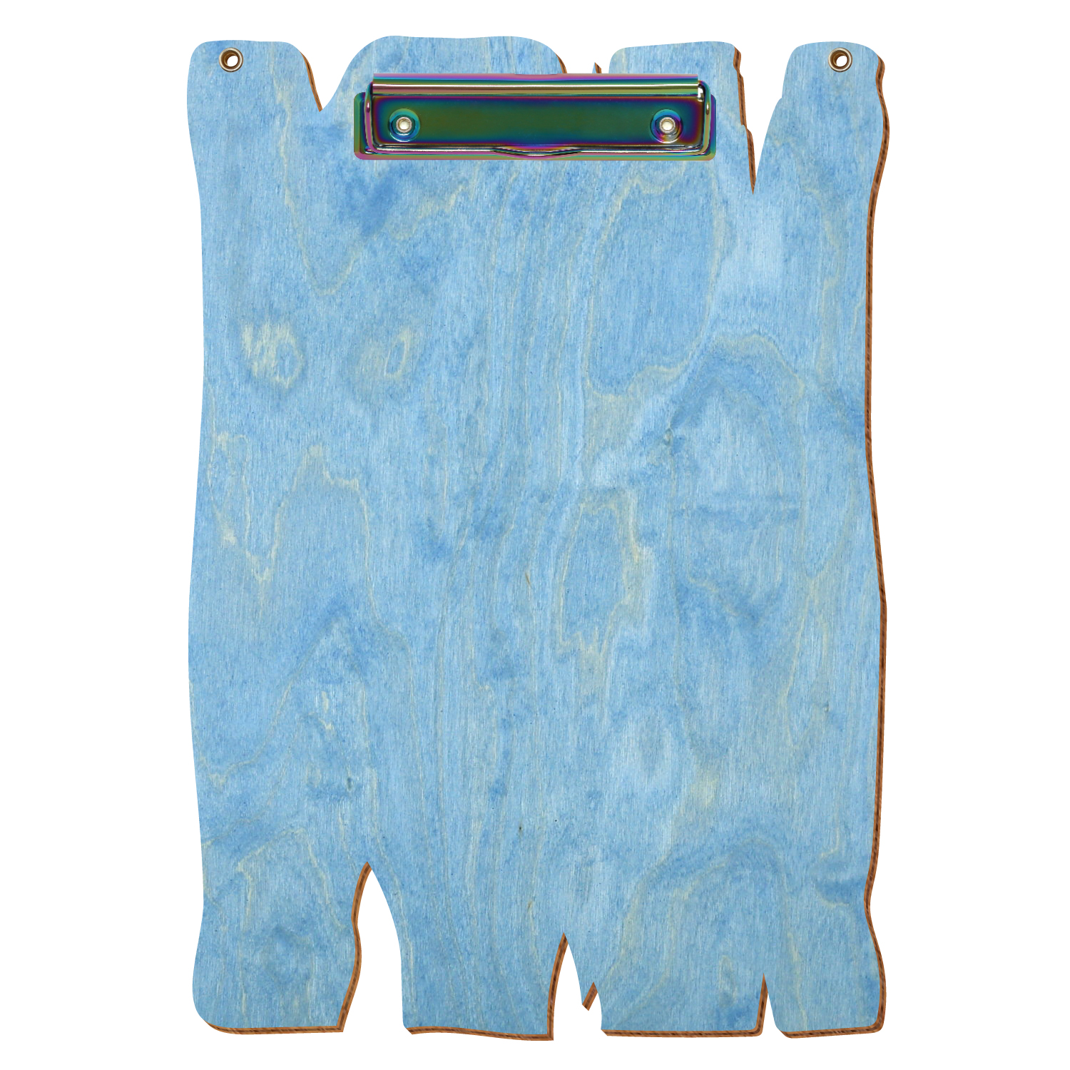 Klemmbrett Holzbrettform mit 2 Ösen Hellblau A4 hochkant Bügelklemme Regenbogen