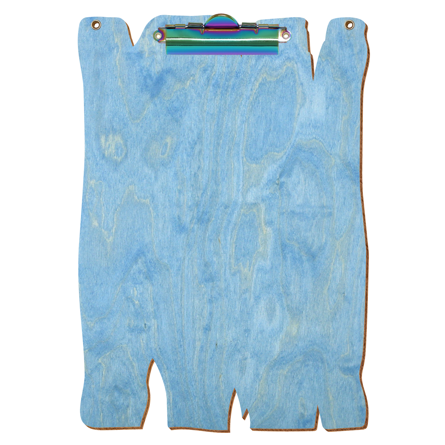 Klemmbrett Holzbrettform mit 2 Ösen Hellblau A4 hochkant Zahnklemme Regenbogen