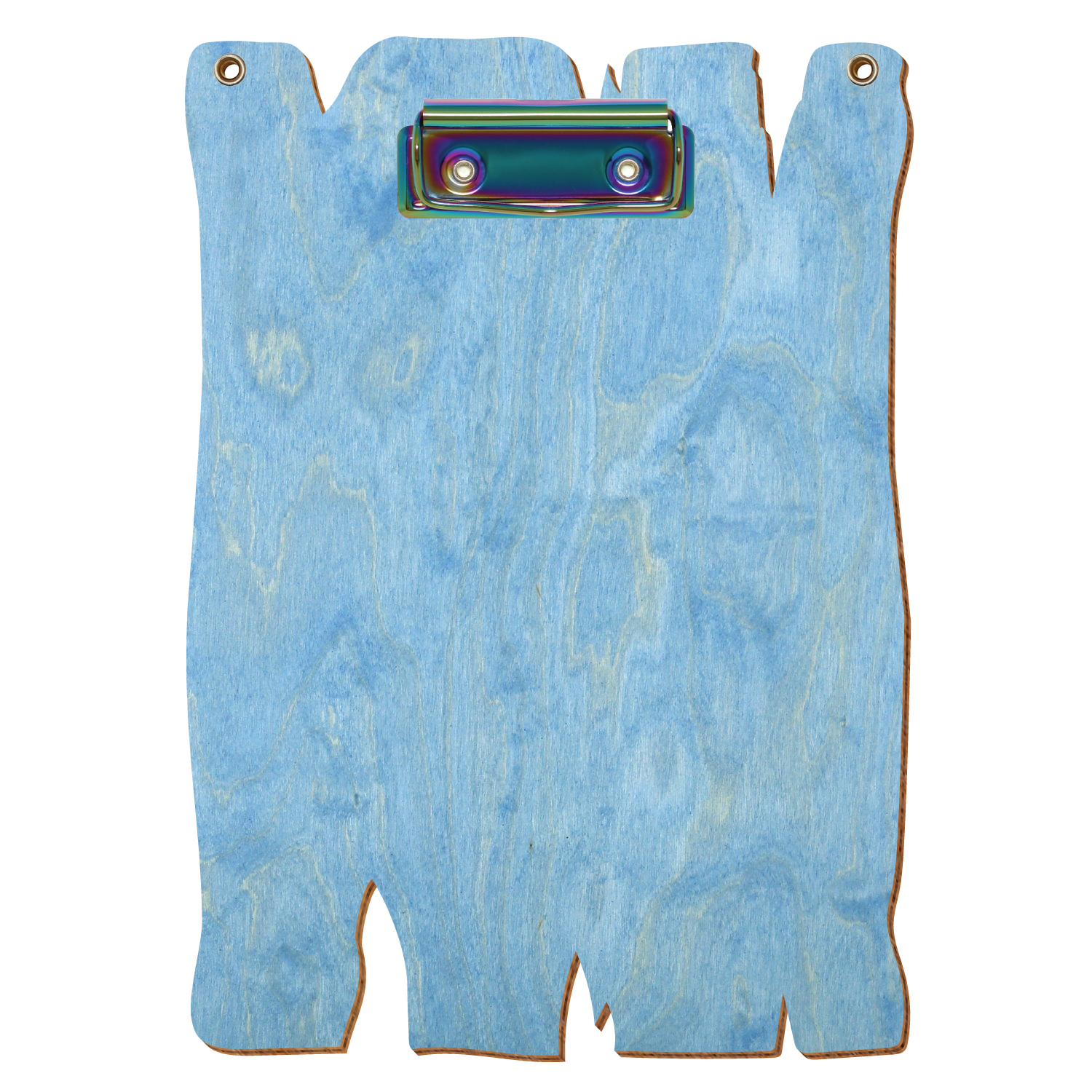 Klemmbrett Holzbrettform mit 2 Ösen Hellblau A5 hochkant Bügelklemme Regenbogen