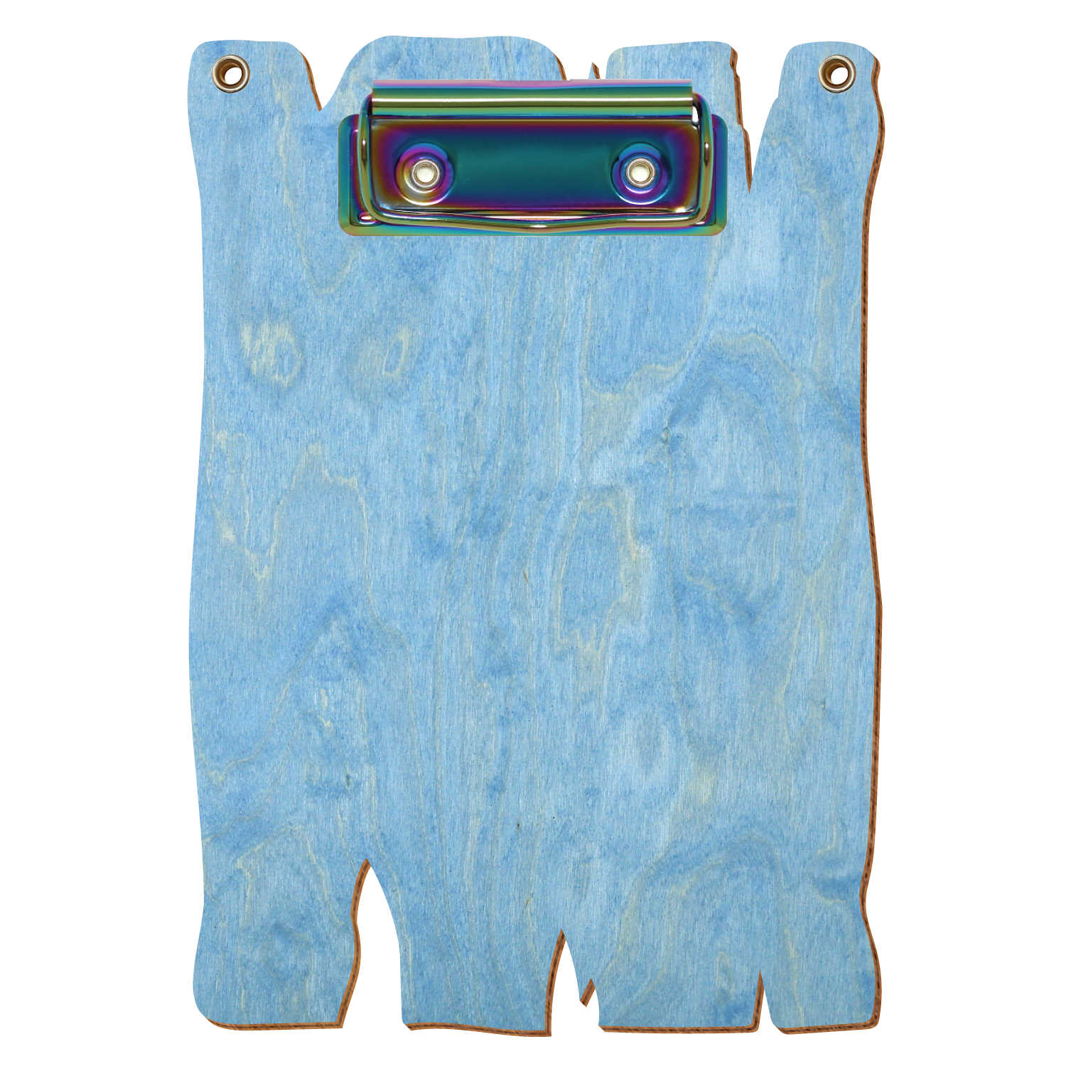 Klemmbrett Holzbrettform mit 2 Ösen Hellblau A6 hochkant Bügelklemme Regenbogen