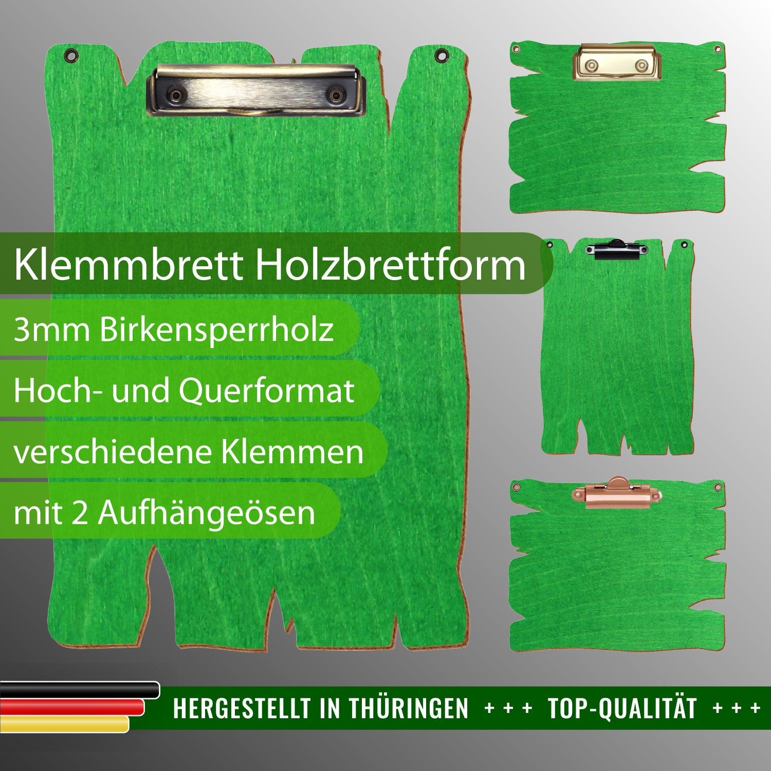 Klemmbrett Holzbrettform Hellgrün mit 2 Ösen mit Produktinfos