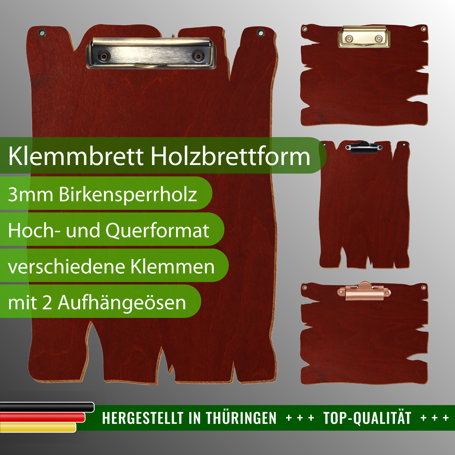 Klemmbrett Holzbrettform Kirschbaum dunkel mit Ösen