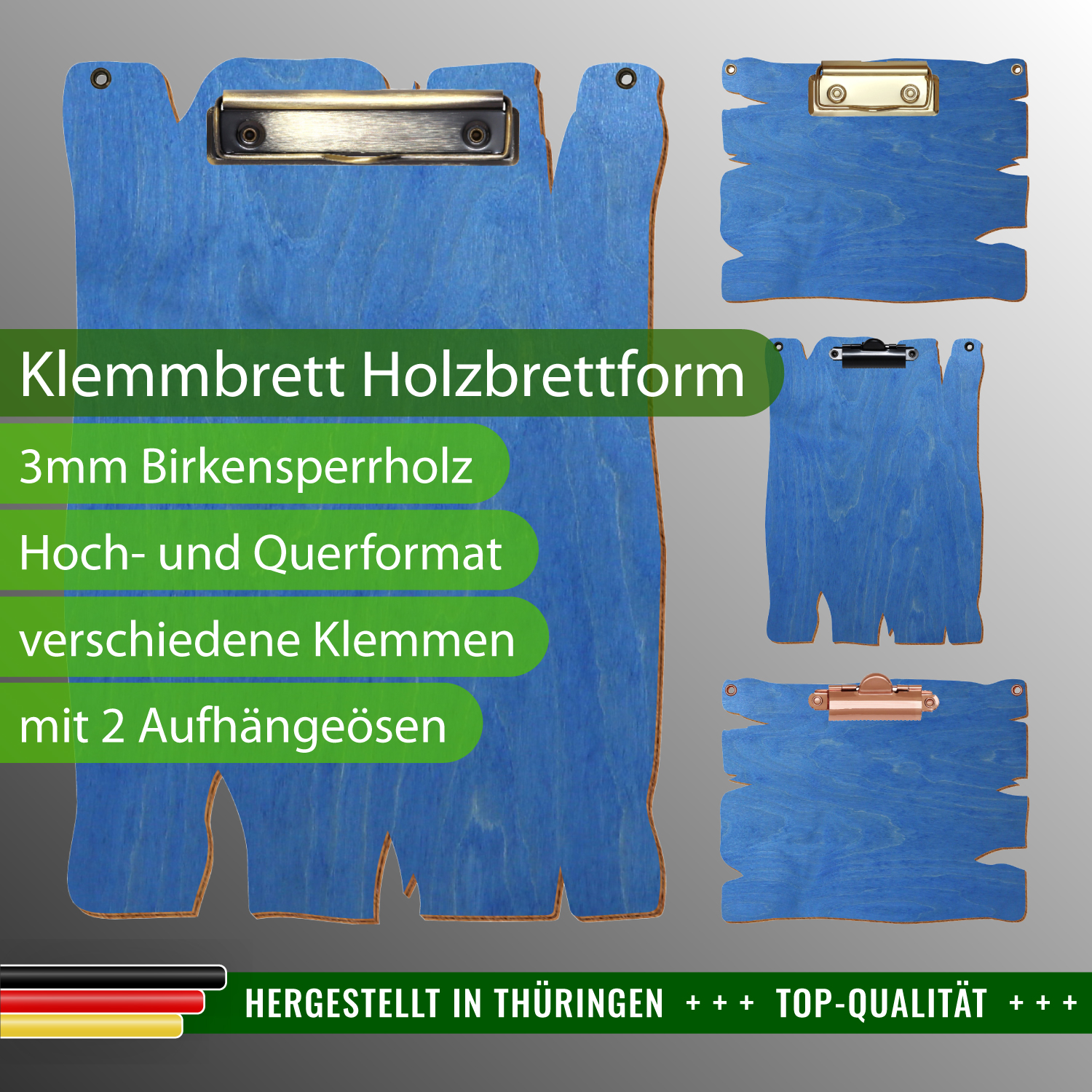 Klemmbrett Holzbrettform Kornblumenblau mit Ösen