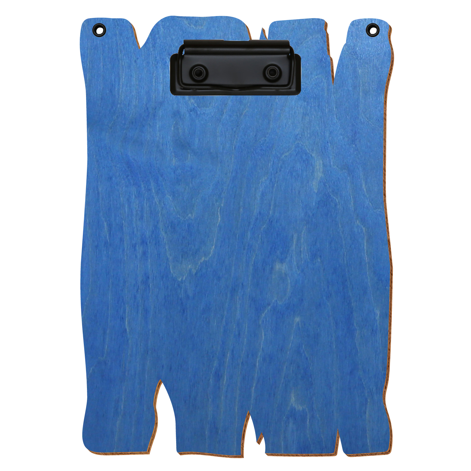 Klemmbrett Holzbrettform mit 2 Ösen Kornblumenblau A5 hochkant Bügelklemme schwarz