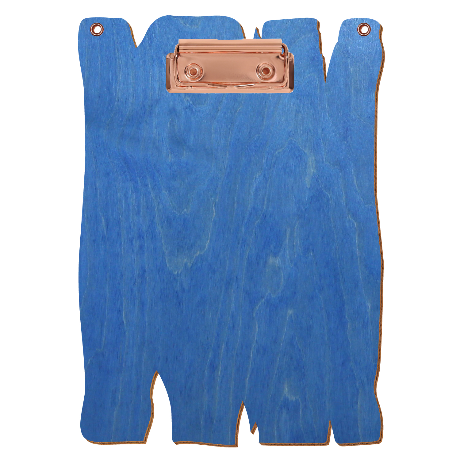 Klemmbrett Holzbrettform mit 2 Ösen Kornblumenblau A5 hochkant Bügelklemme roségold