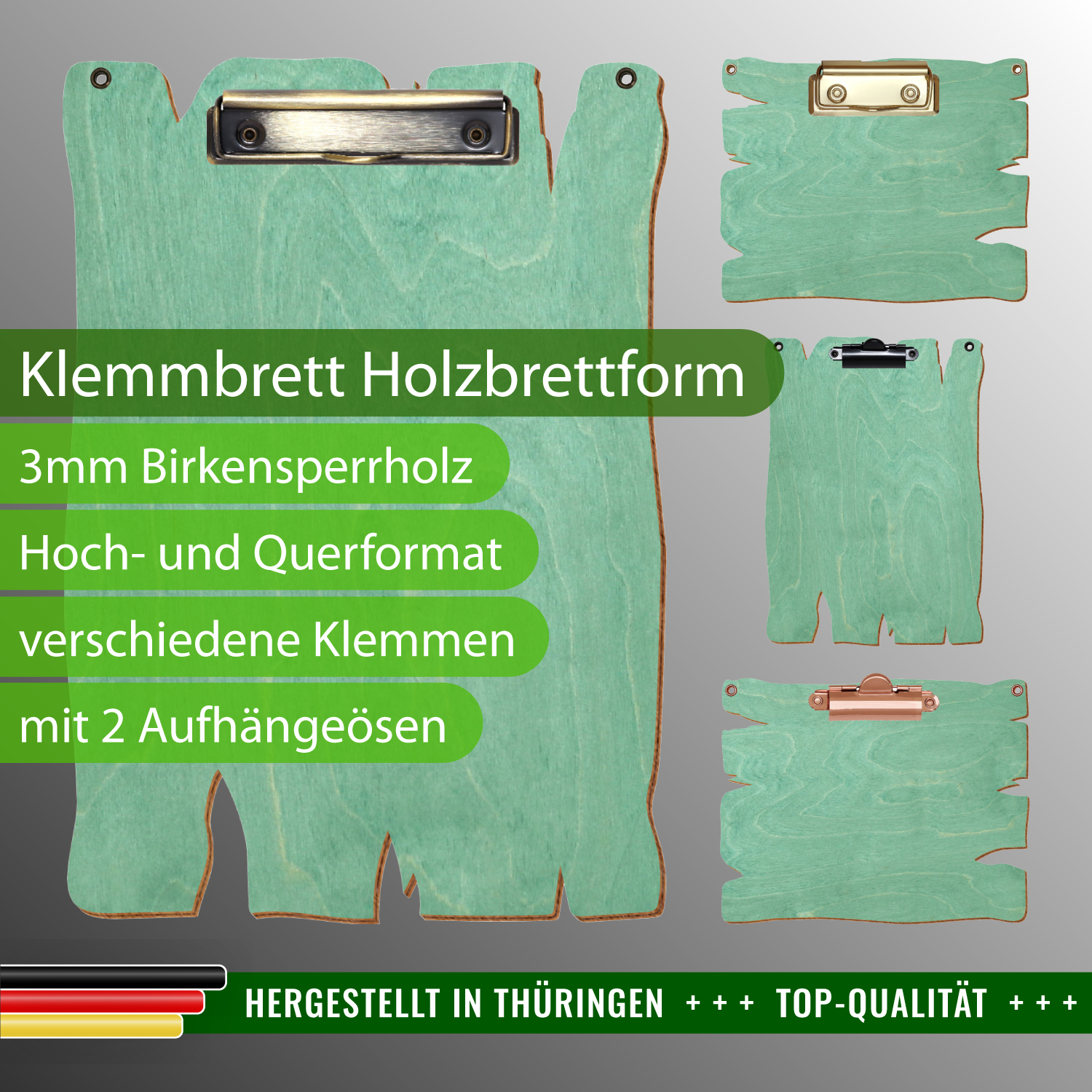 Klemmbrett Holzbrettform Minzgrün mit Ösen