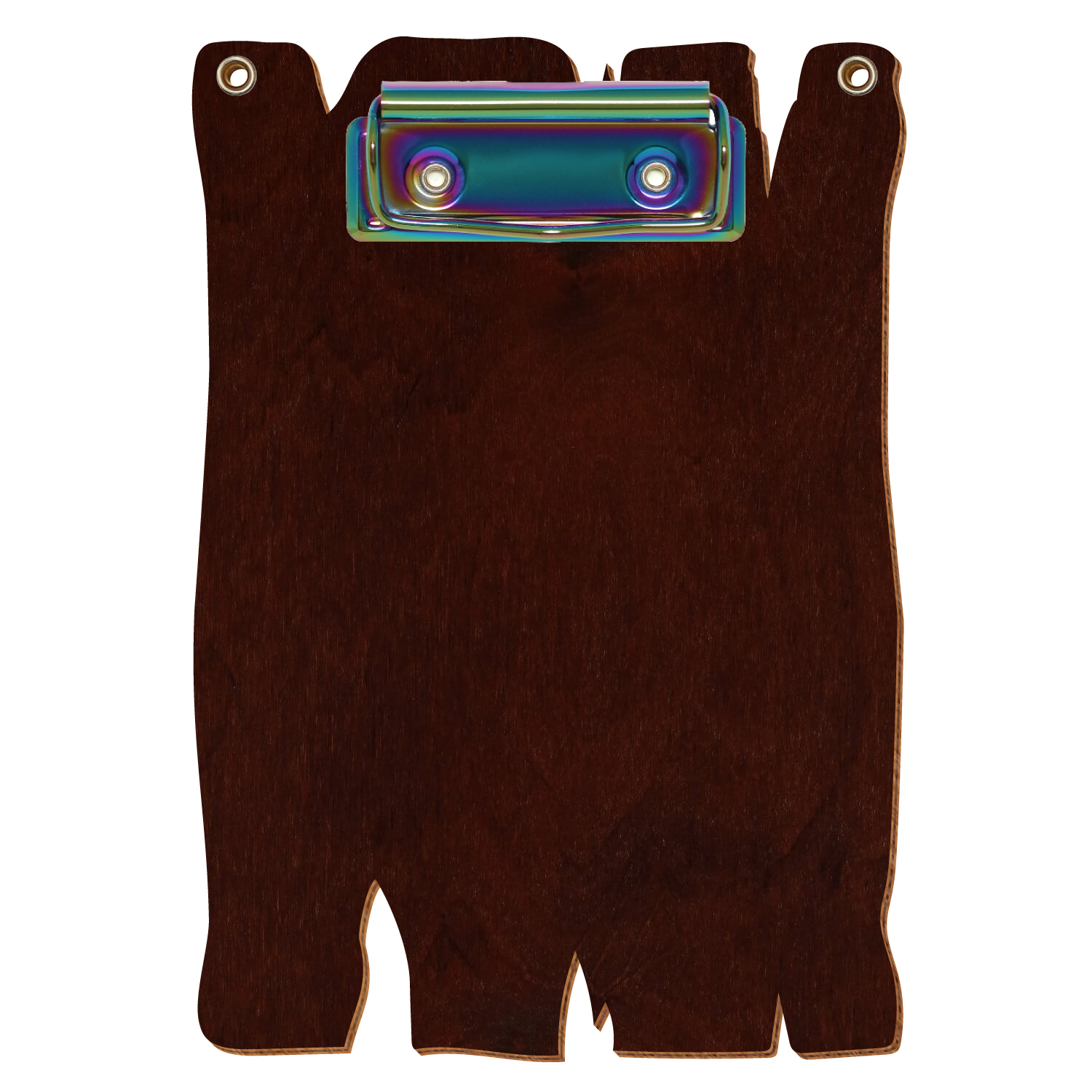 Klemmbrett Holzbrettform mit 2 Ösen Nussbaum dunkel A6 hochkant Bügelklemme Regenbogen