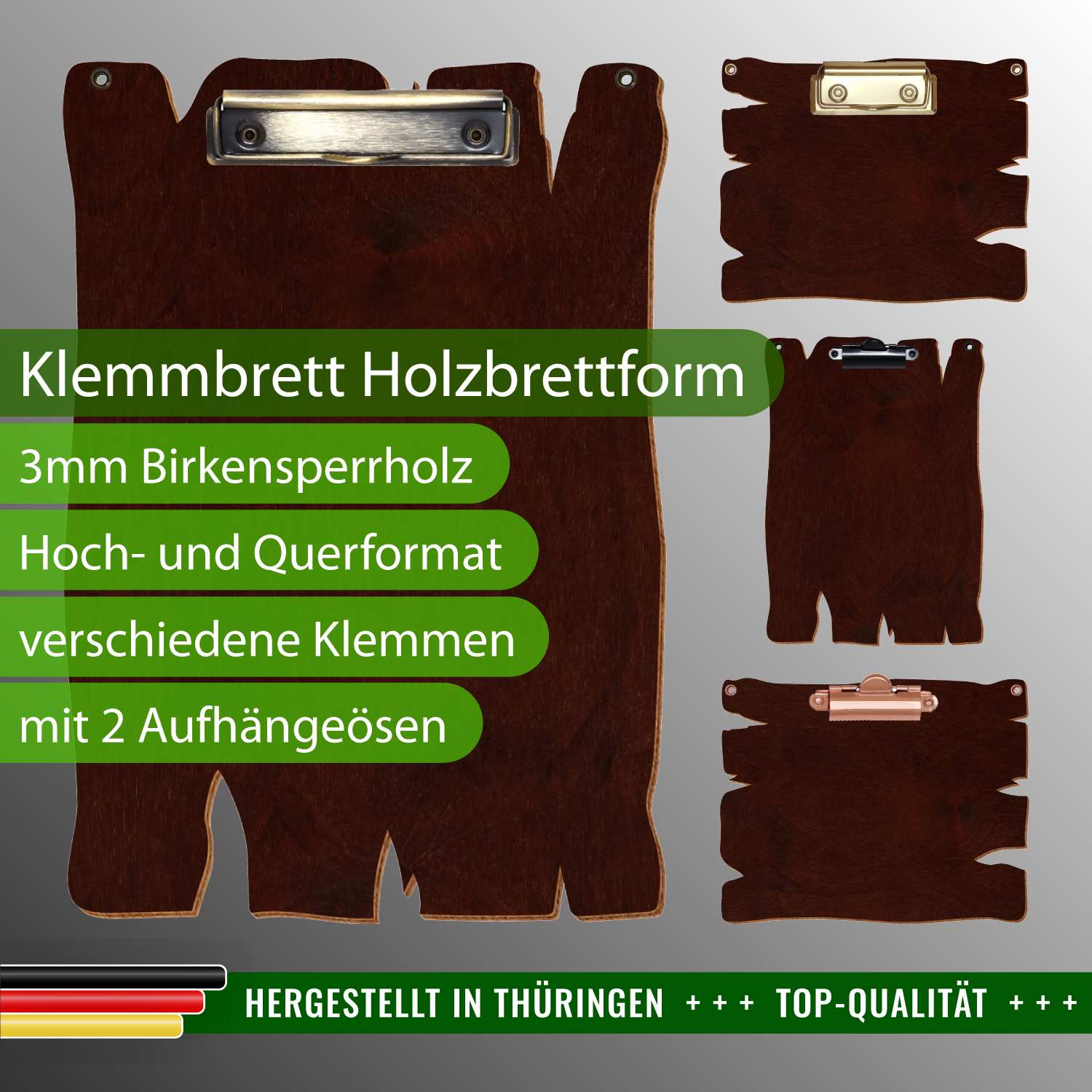 Klemmbrett Holzbrettform Nussbaum dunkel mit Ösen