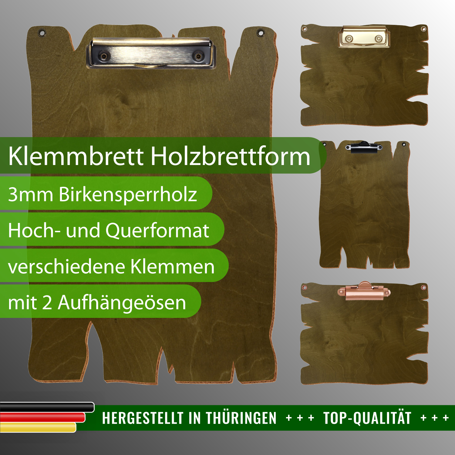 Klemmbrett Holzbrettform Nussbaum hell mit Ösen