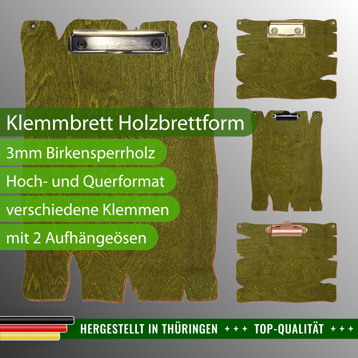 Klemmbrett Holzbrettform Olivgrün mit Ösen