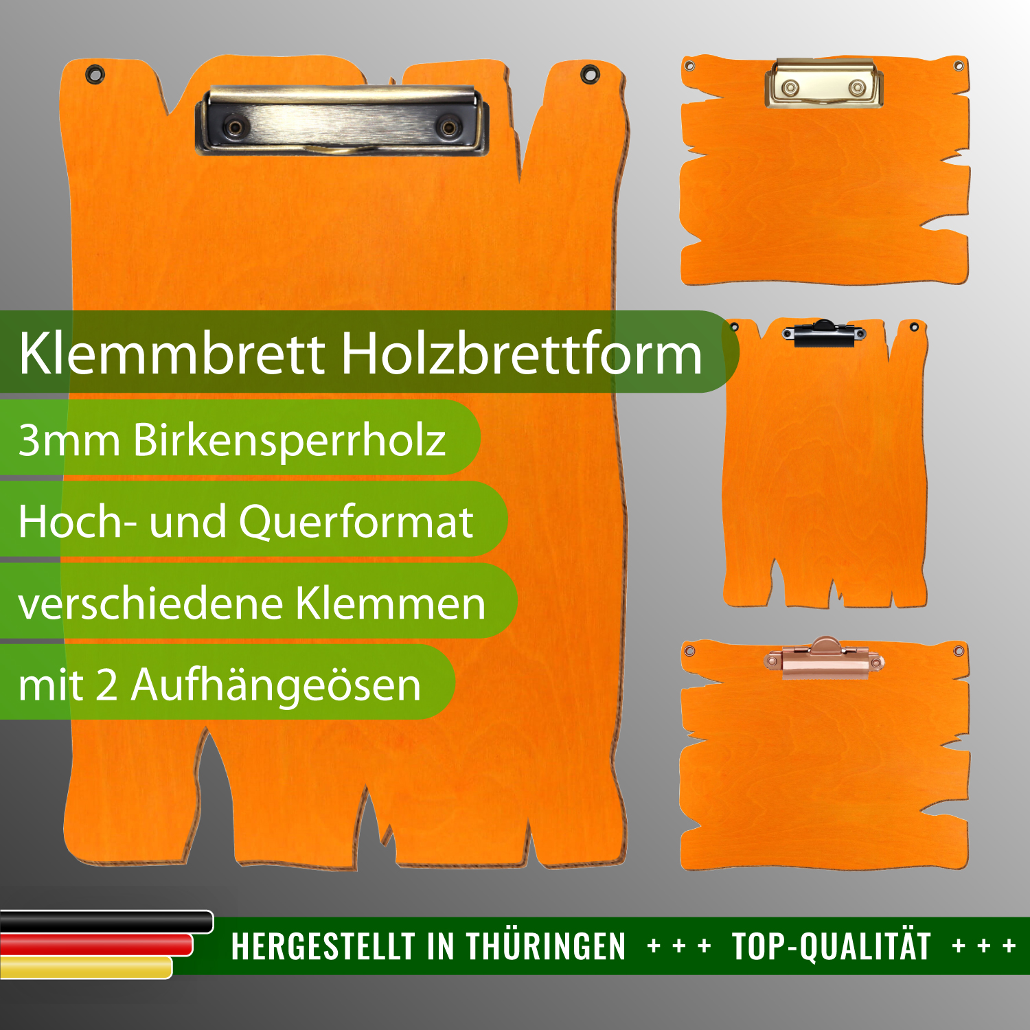 Klemmbrett Holzbrettform Orange mit Ösen