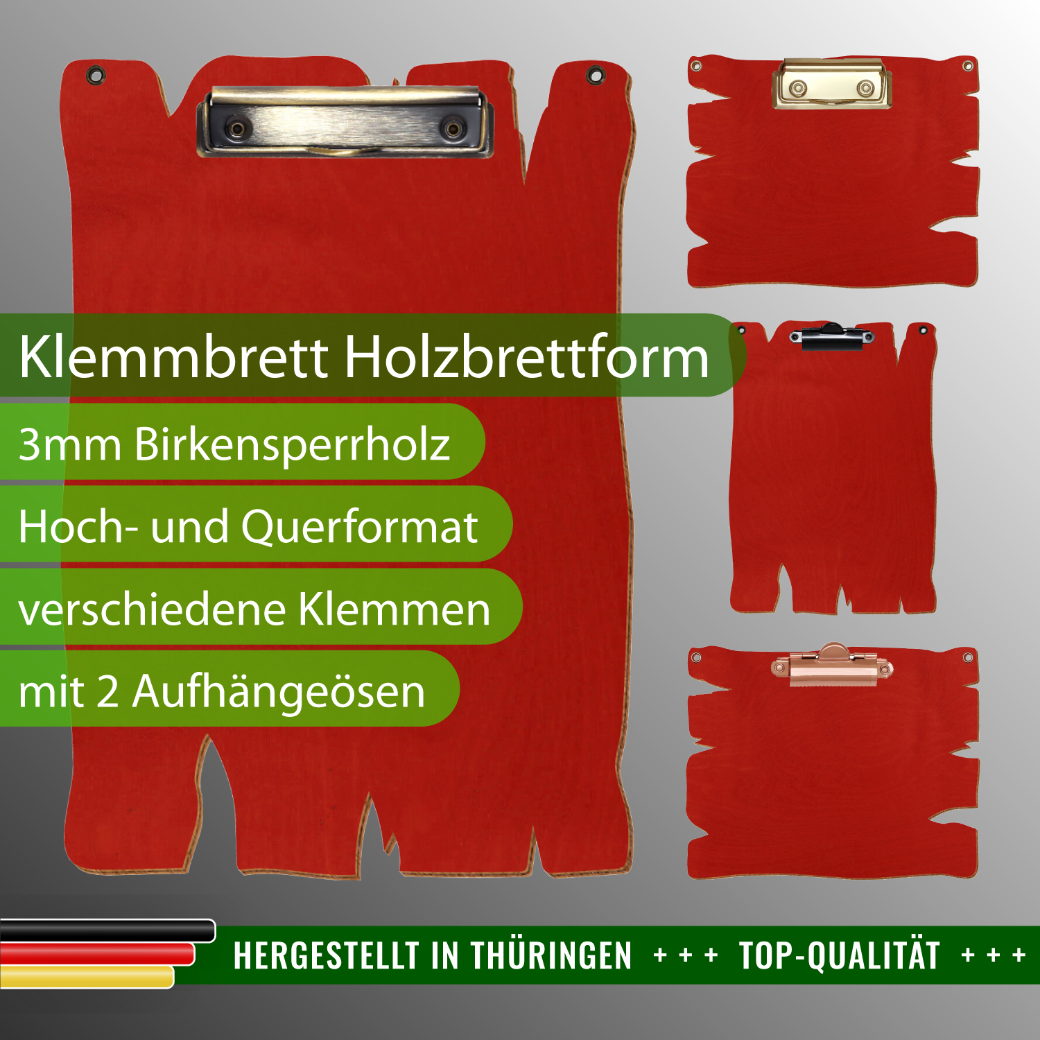 Klemmbrett Holzbrettform Rot mit 2 Ösen mit Produktinfos