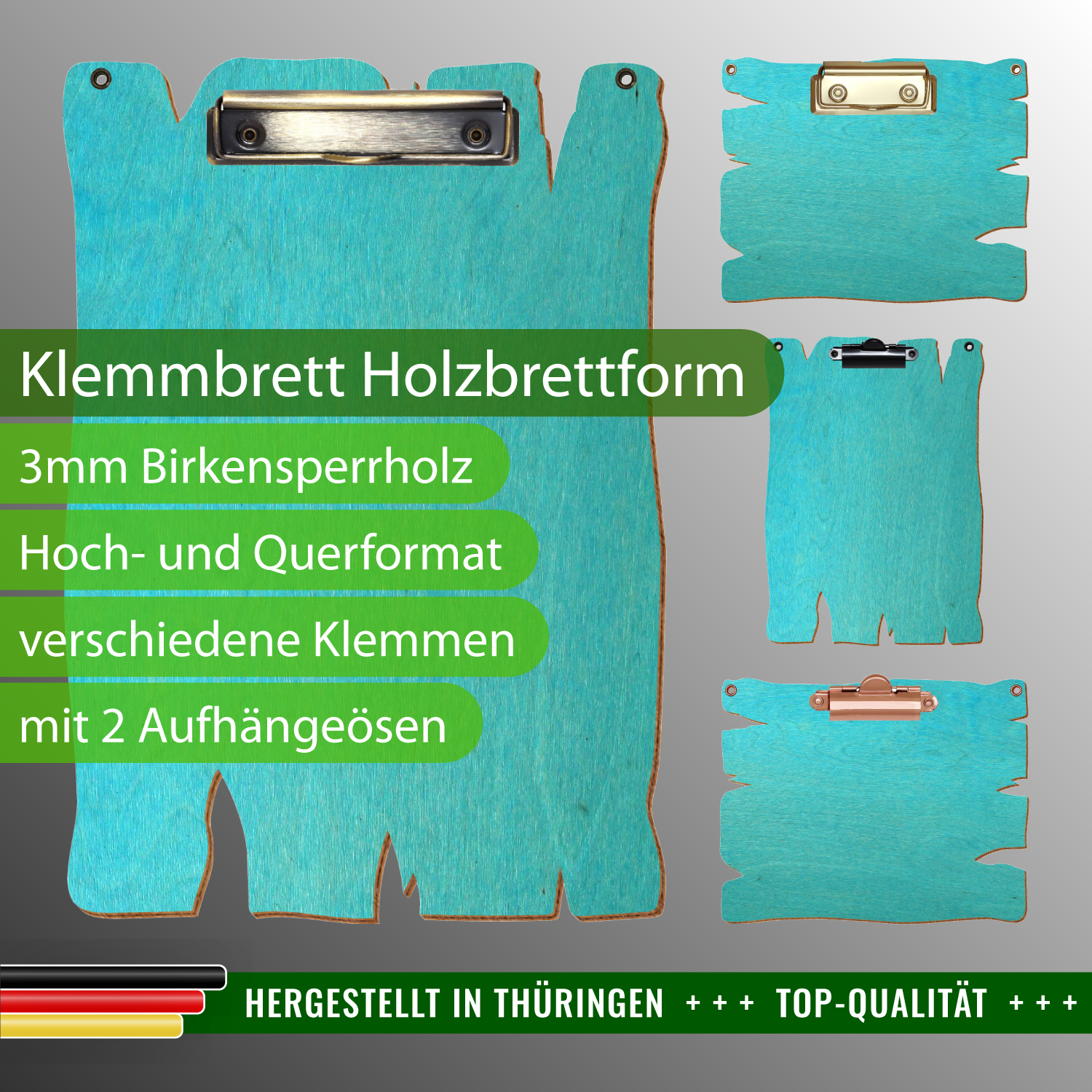 Klemmbrett Holzbrettform Türkis mit 2 Ösen mit Produktinfos