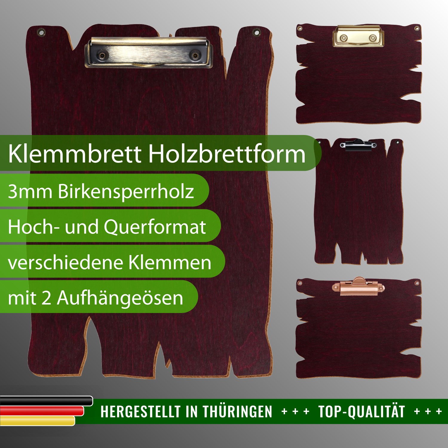 Klemmbrett Holzbrettform Violett mit 2 Ösen mit Produktinfos