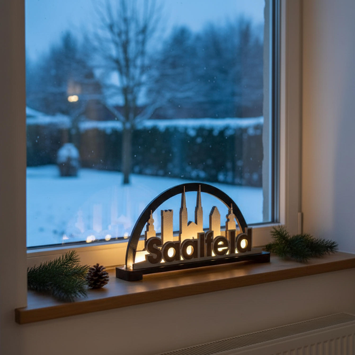 Schwibbogen Saalfeld beleuchtet im Fenster mit winterlichem Hintergrund