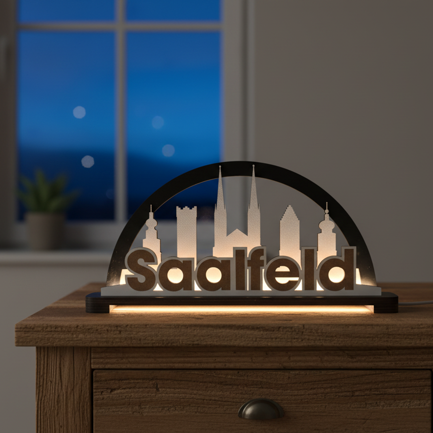 Schwibbogen Saalfeld beleuchtet auf einer Kommode
