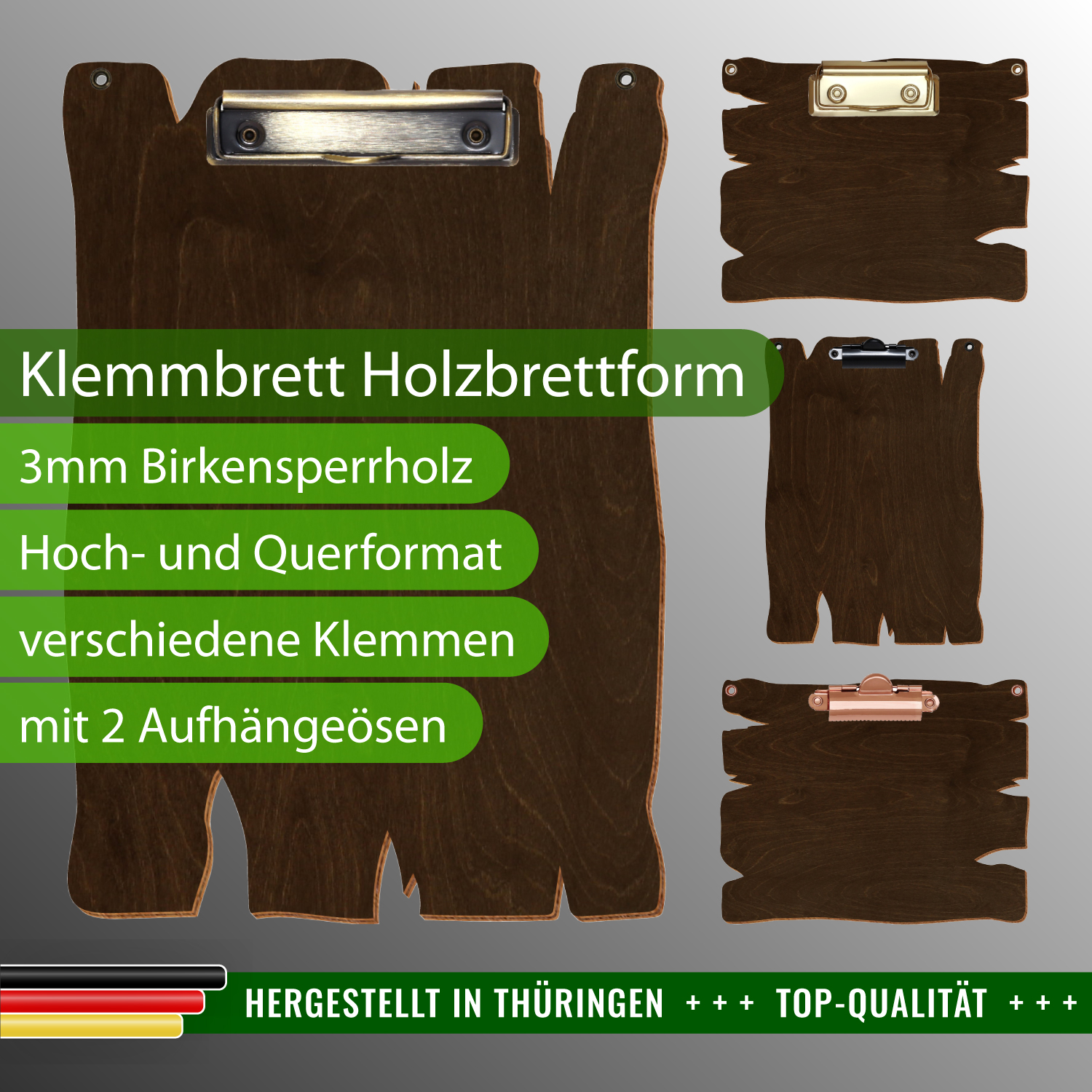 Klemmbrett Holzbrettform Walnuss mit Ösen