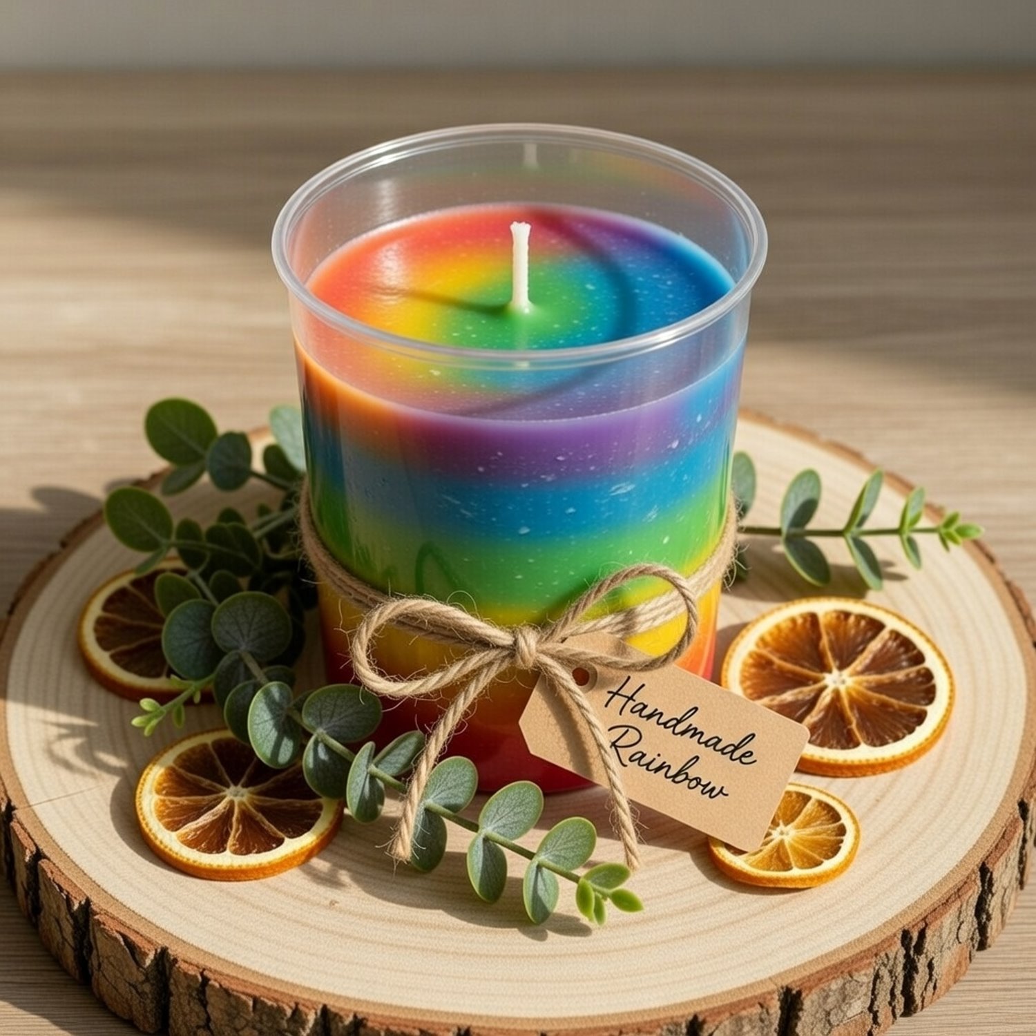 Klarer Windschutzbecher 50x60mm mit bunter Regenbogen-Schichtkerze, weißem Docht, Juteband-Schleife und Anhänger mit Aufschrift „Handmade Rainbow", dekoriert auf Holzscheibe mit getrockneten Orangenscheiben und Eukalyptuszweigen