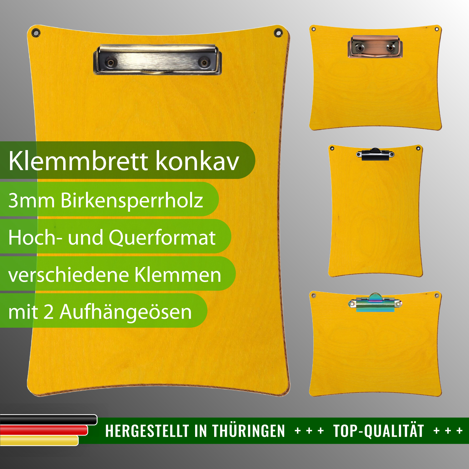 Klemmbrett konkav Gelb mit 2 Ösen mit Produktinfos