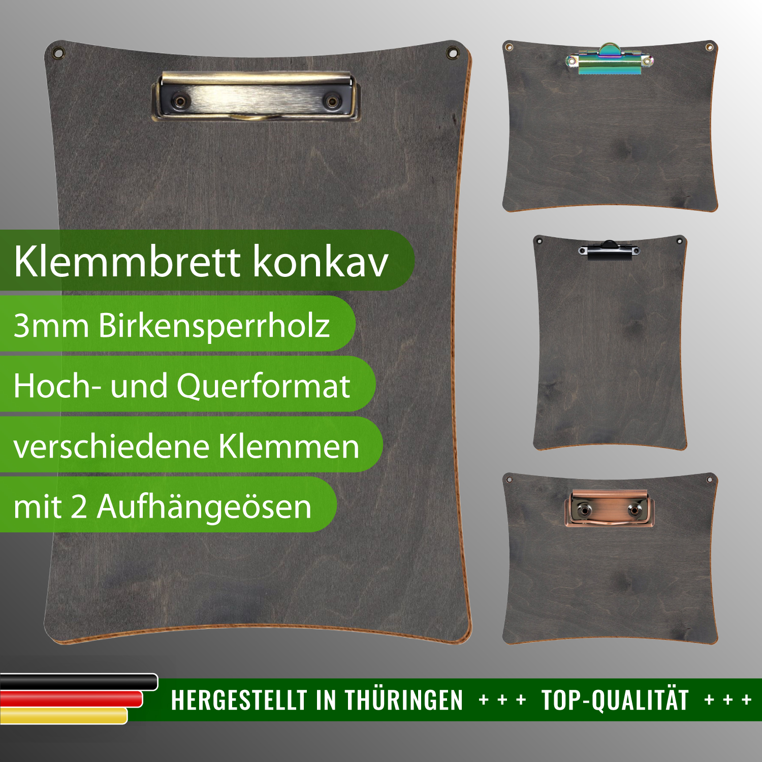 Klemmbrett konkav Grau mit 2 Ösen mit Produktinfos