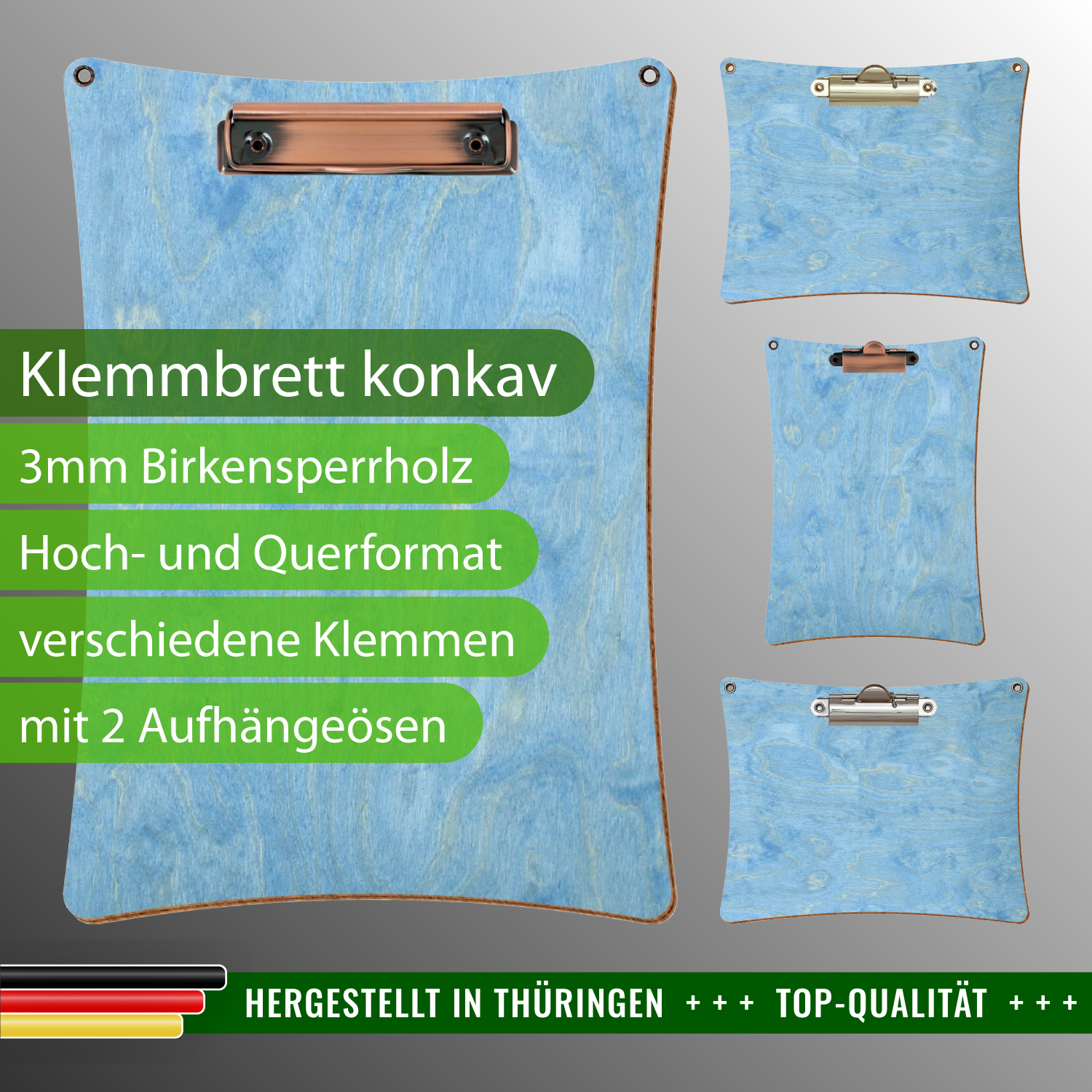 Klemmbrett konkav Hellblau mit 2 Ösen mit Produktinfos