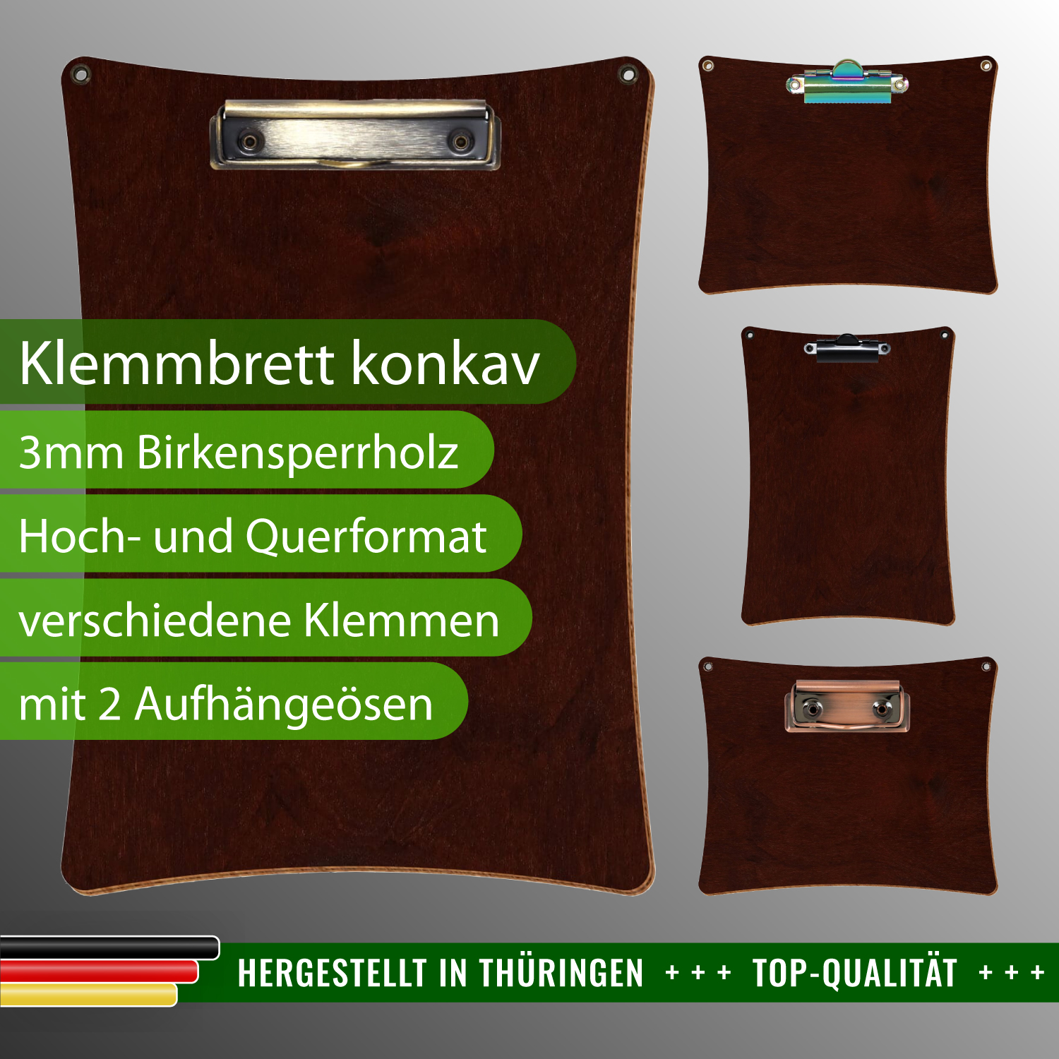 Klemmbrett konkav Nussbaum dunkel mit Ösen