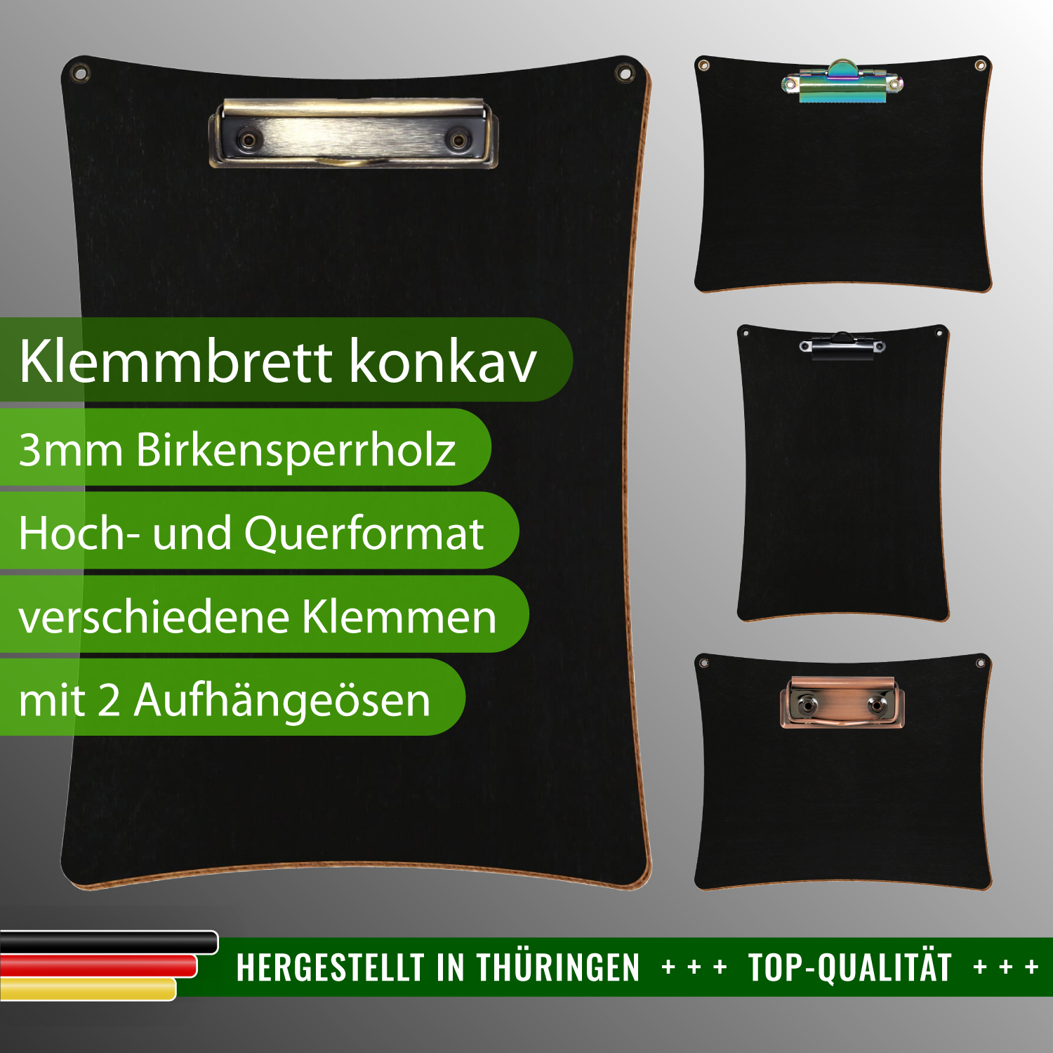 Klemmbrett konkav Schwarz mit 2 Ösen mit Produktinfos