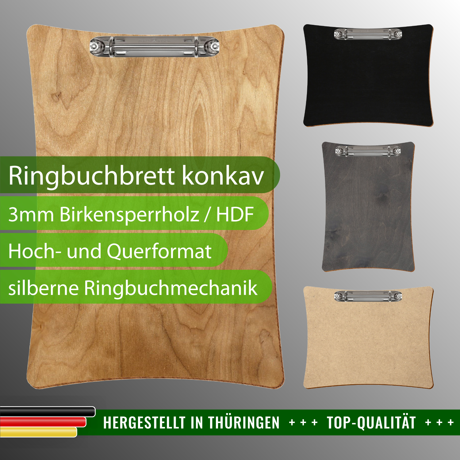 Konkaves Ringbuchbrett in verschiedenen Farben mit Produktinfos