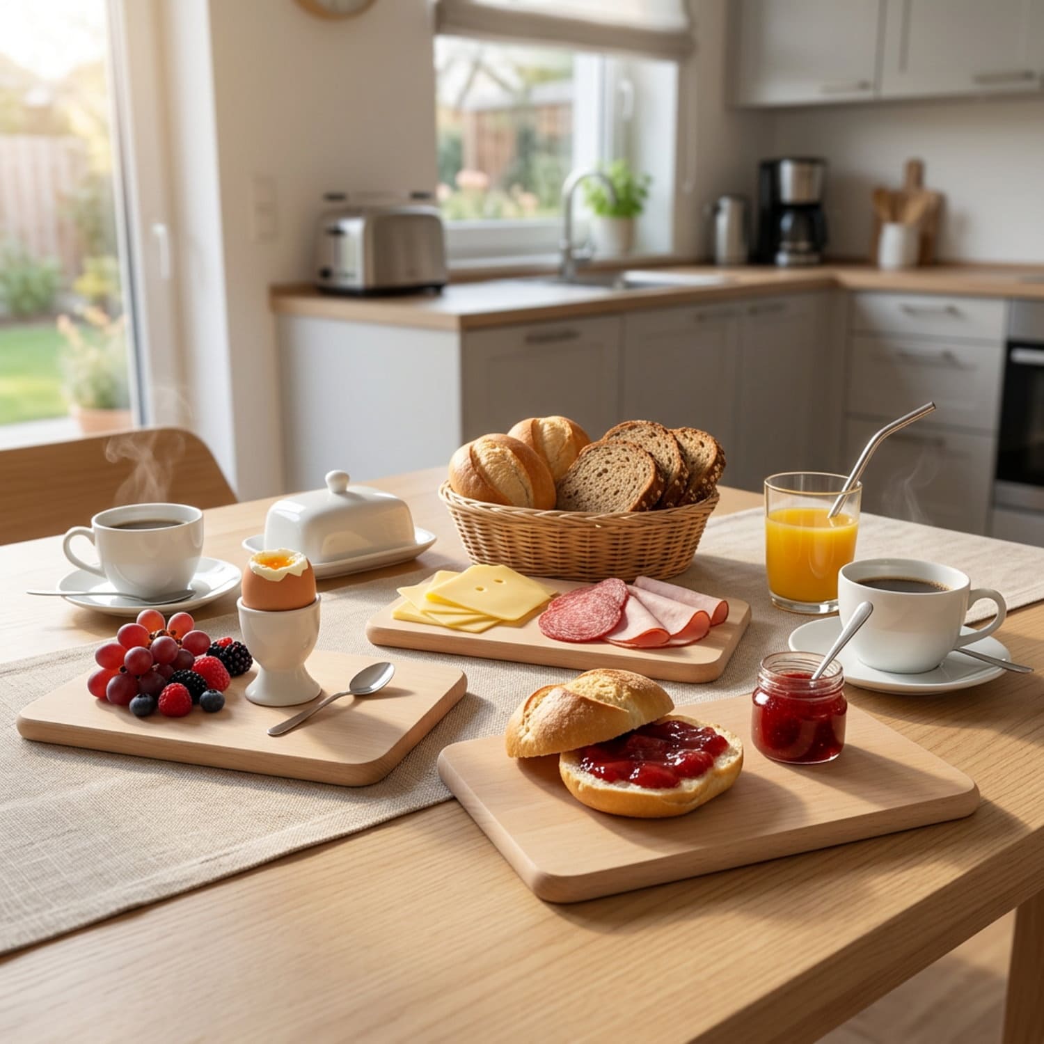 Buchebrettchen auf einem Frühstückstisch mit Brötchen, Marmelade und Kaffee