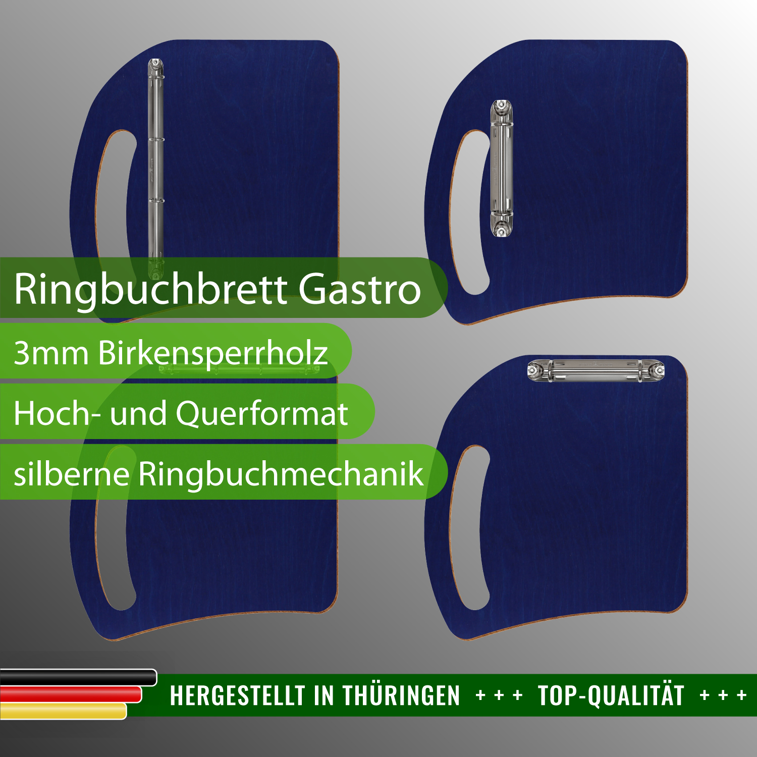 Ringbuchbrett Gastro Dunkelblau mit Produktinfos