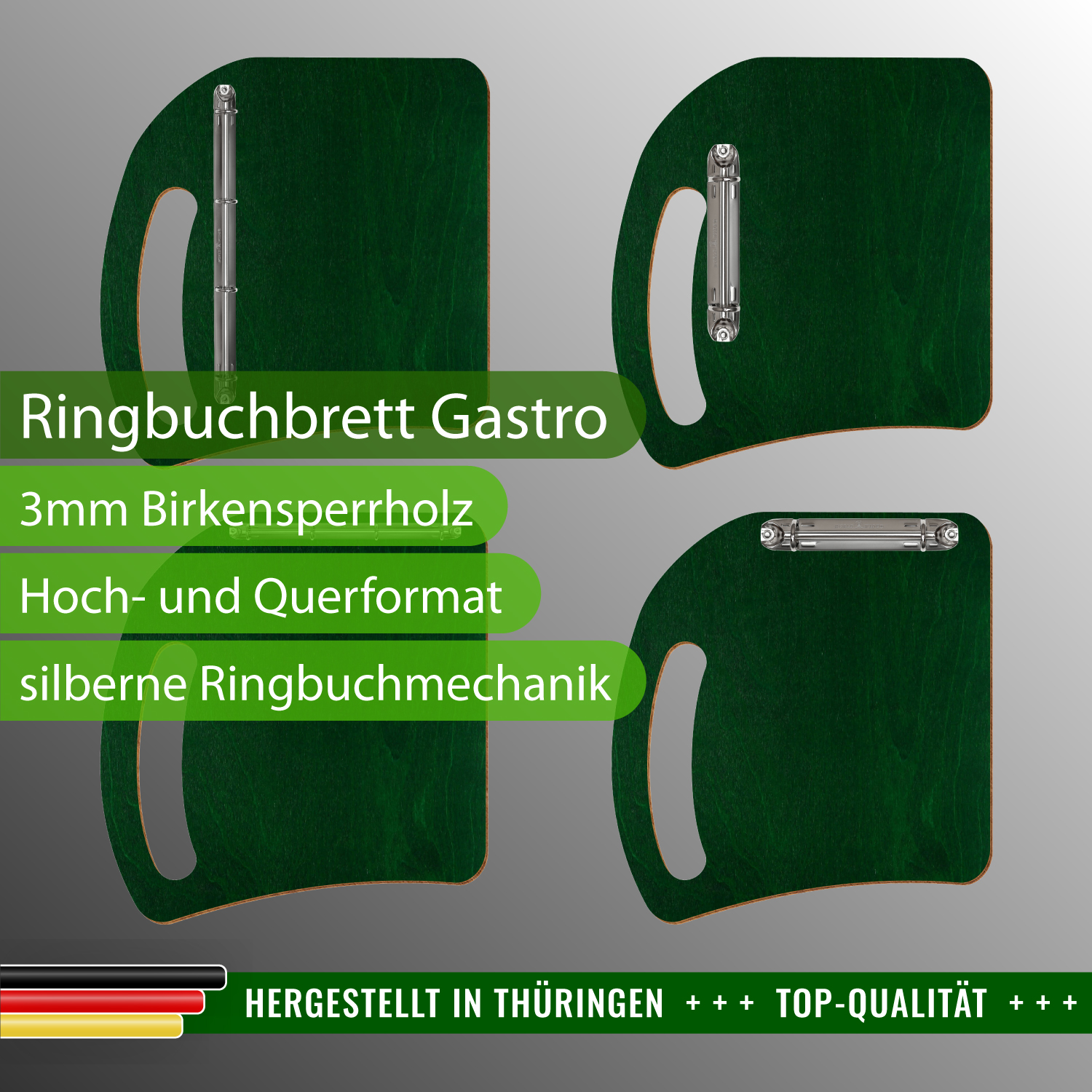 Ringbuchbrett Gastro Dunkelgrün mit Produktinfos