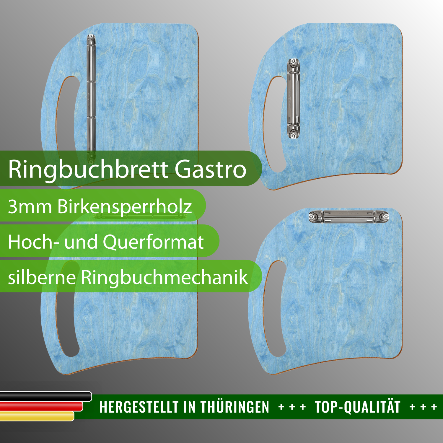 Ringbuchbrett Gastro Hellblau mit Produktinfos