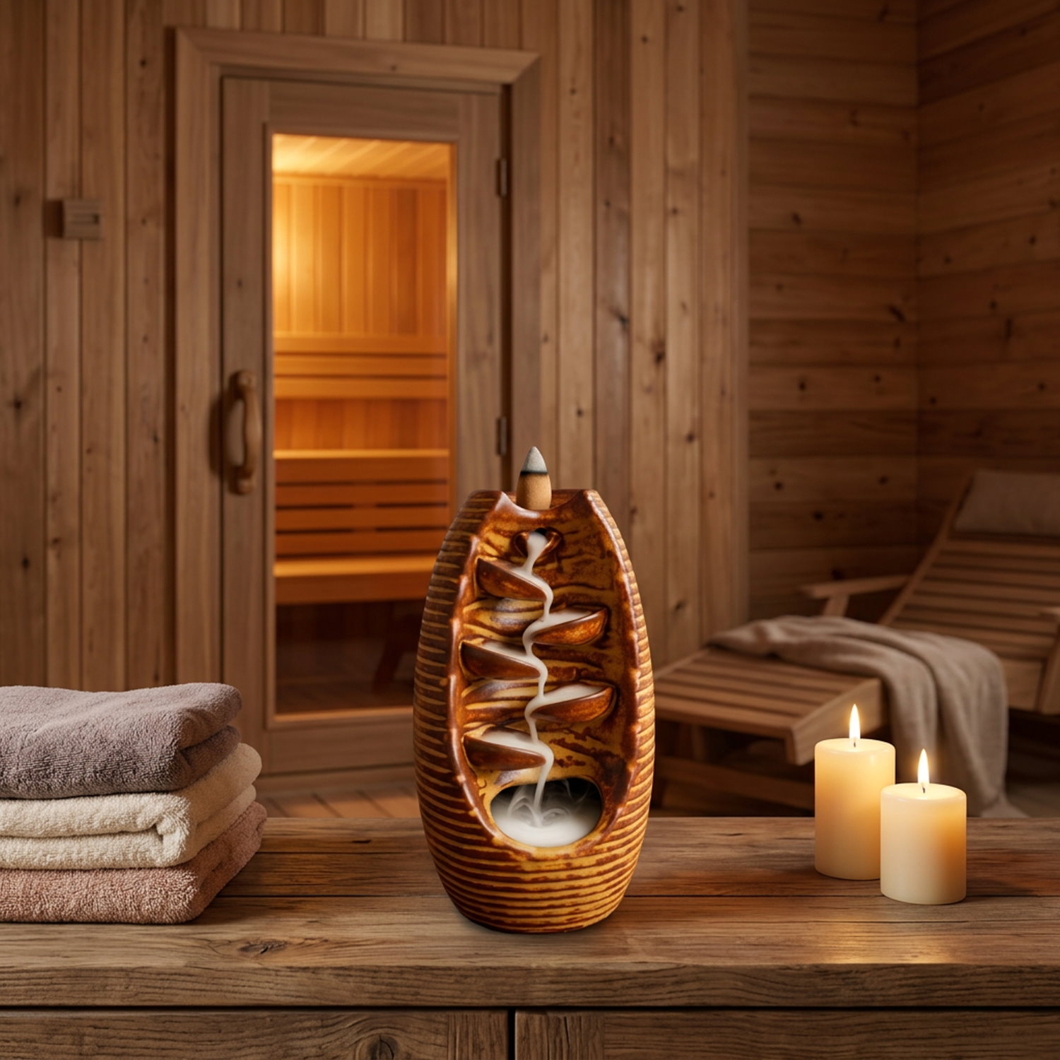 Brauner gerillter Rauch-Wasserfall mit glimmendem Räucherkegel und Rauchfluß in Wellness-Bereich mit Blick auf eine Sauna