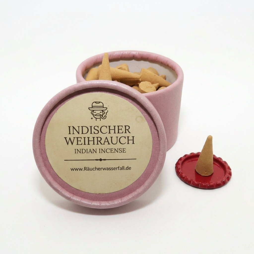 Packung mit klassischen Räucherkerzen in der Duftvariante "Indischer Weihrauch" mit einzelner Kerze auf Metallunterlage daneben