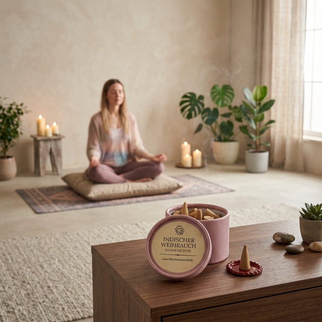 Packung mit klassischen Räucherkerzen in der Duftvariante "Indischer Weihrauch" in einer meditativen Umgebung