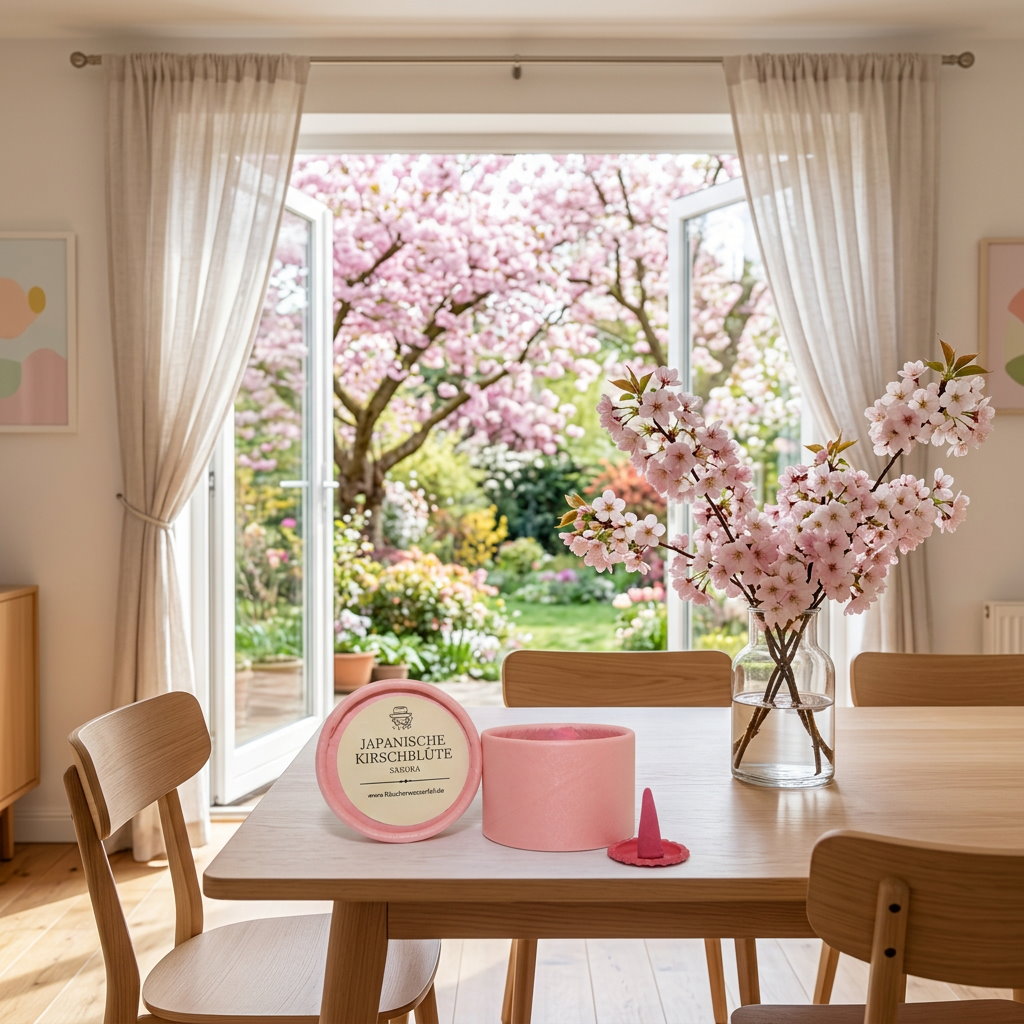 Packung mit klassischen Räucherkerzen in der Duftvariante "Meeresbrise" auf einem Esszimmertisch mit Blick in den blühenden Garten