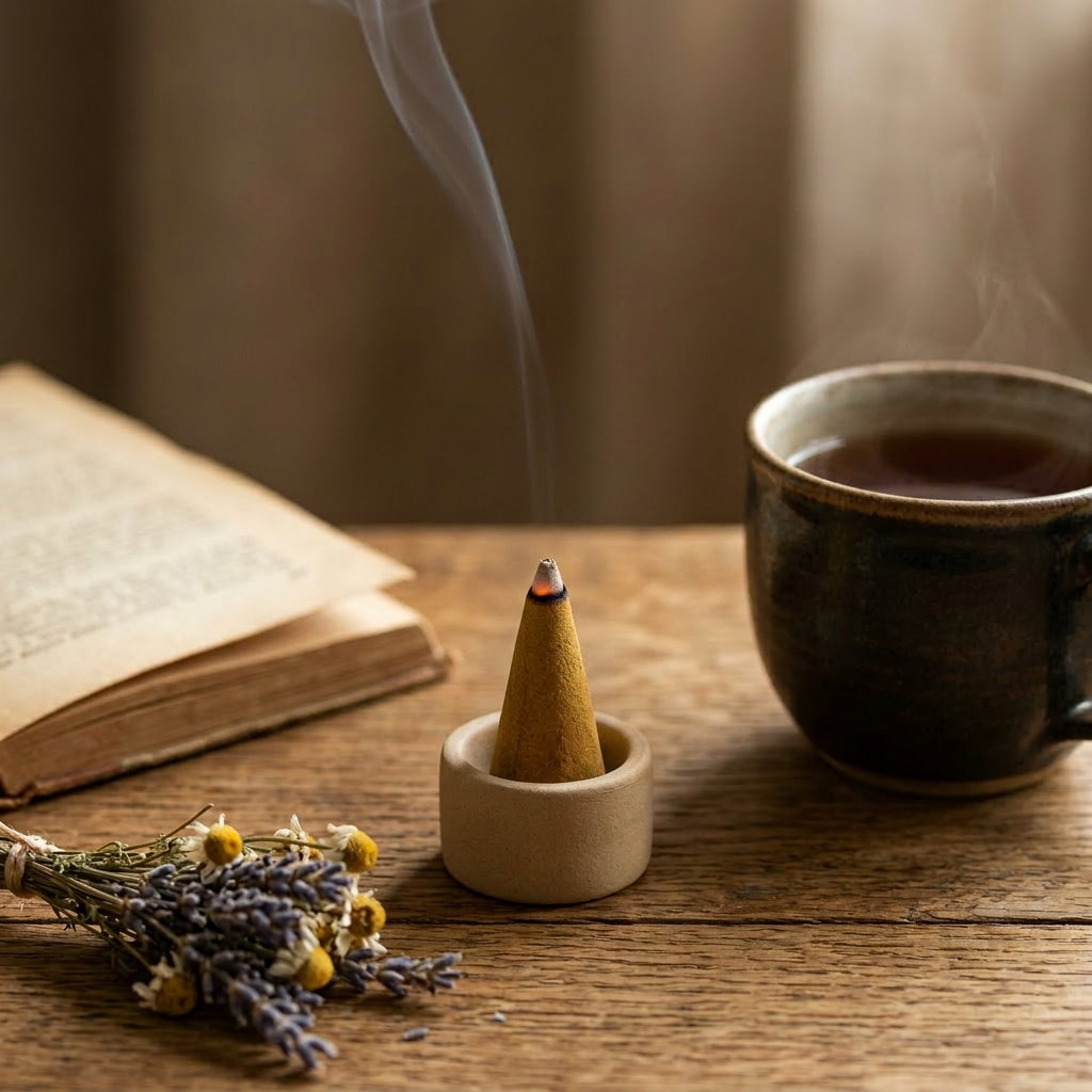 klassische Räucherkerze in Räucherkerzenhalter neben einer Tasse Tee