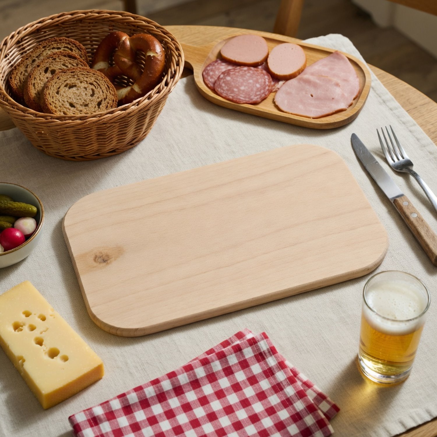Schneidebrett aus Buchenholz in der Küche mit Messer, Brot, Käse, Wurst und Gemüse