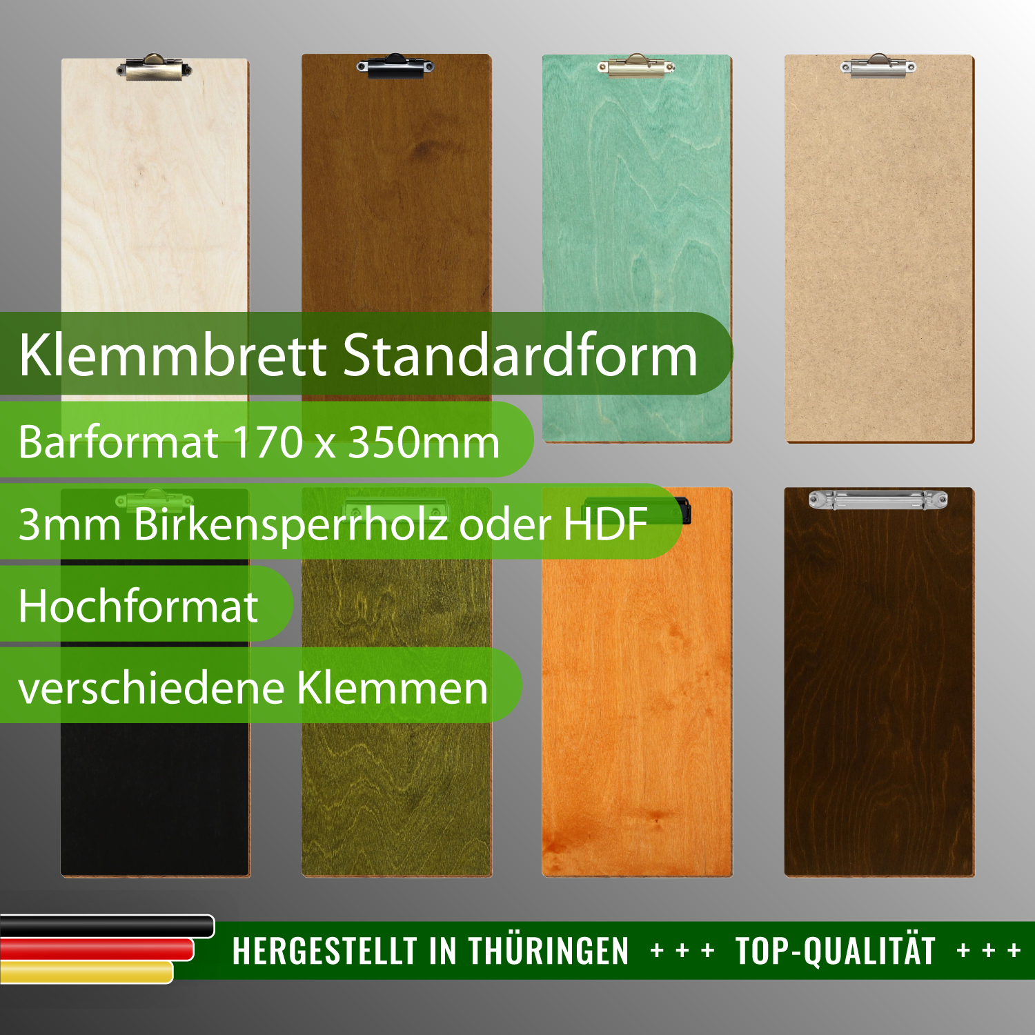 Gruppenbild Klemmbrett Gastro Holz im Barformat 170 x 350 mm – verschiedene farbige Klemmbretter Barkarte im Sonderformat für Bars, Cafés und Restaurants