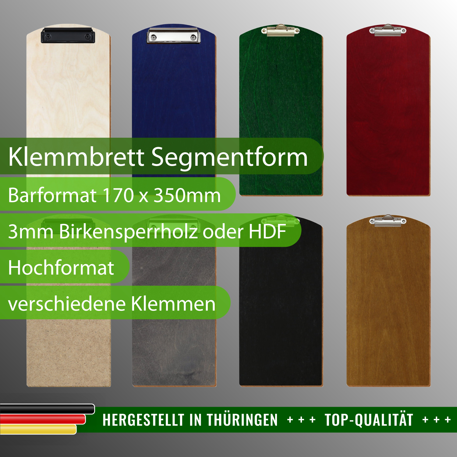 Gruppenbild Holzklemmbrett Segmentform für Gastro im Barformat 170 x 350 mm - verschiedene farbige Klemmbretter Barkarte im Sonderformat für Bars, Cafés und Restaurants