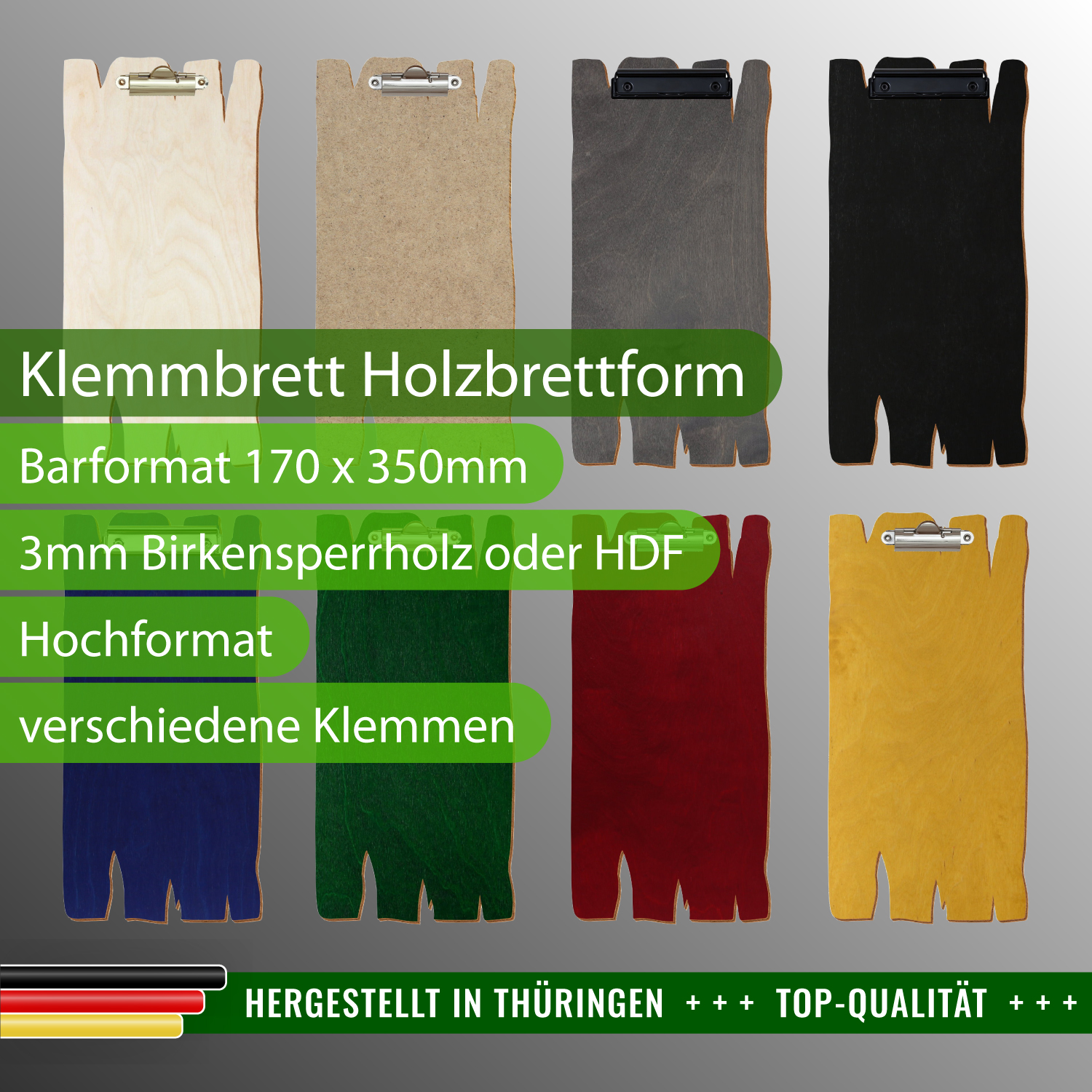Gruppenbild Klemmbrett Gastro Holzbrettoptik im Barformat 170 x 350 mm – verschiedene farbige Klemmbretter Barkarte im Sonderformat für Bars, Cafés und Restaurants