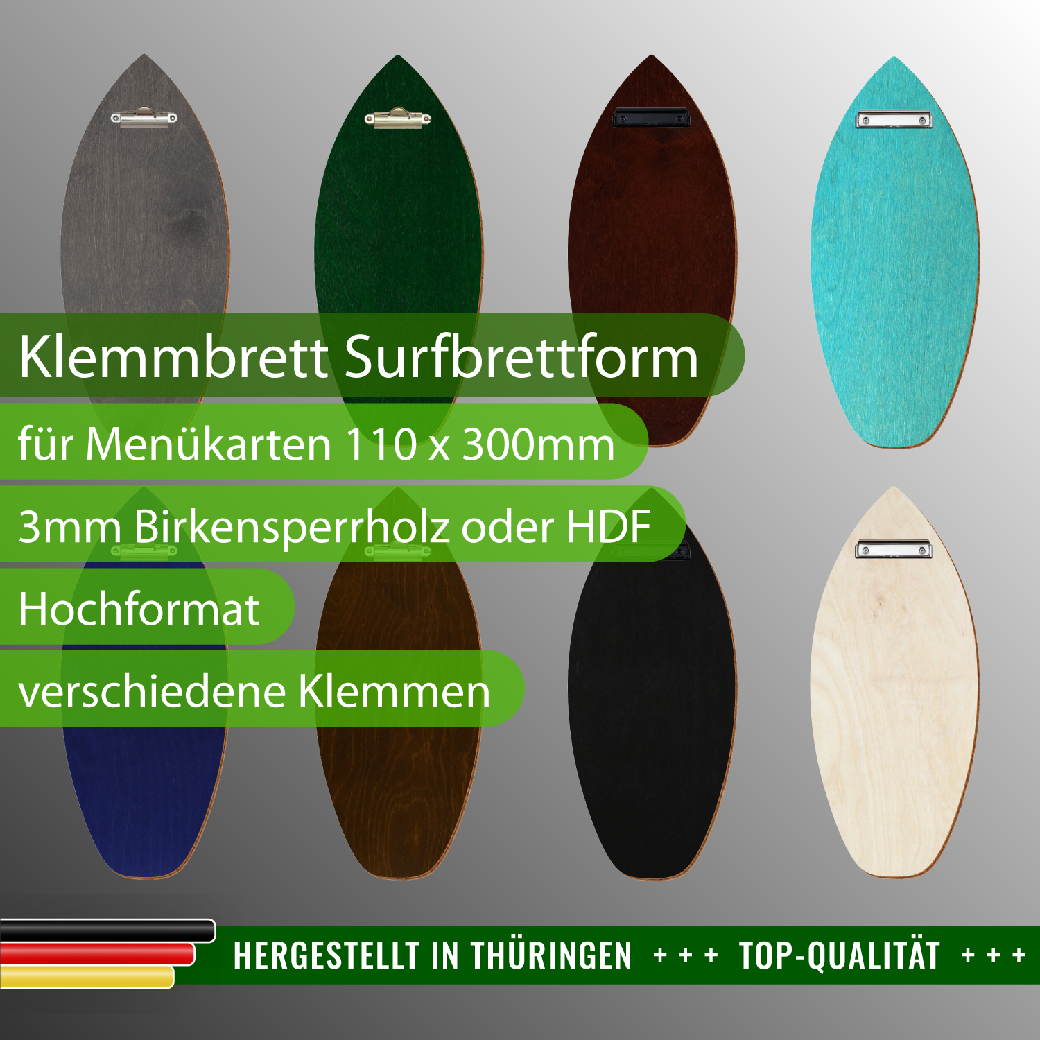 Gruppenbild Klemmbrett Gastro Holz in Surfbrettform für Barformat 110 x 300 mm – verschiedene farbige Klemmbretter Barkarte im Sonderformat für Bars, Cafés und Restaurants