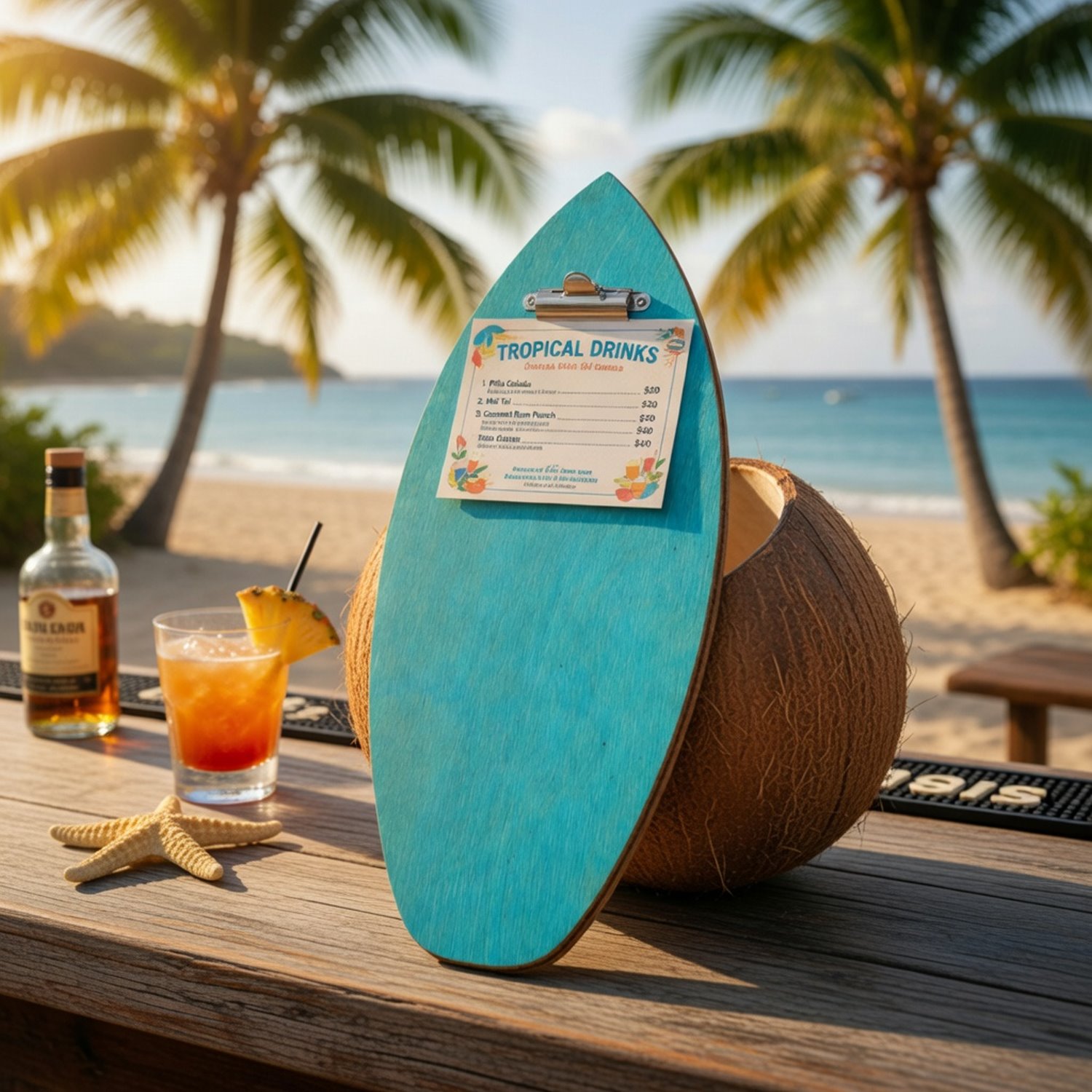 Türkises Klemmbrett in Surfbrettform mit Menükarte an eine Kokosnuss gelehnt auf dem Tresen einer Bar am Strand