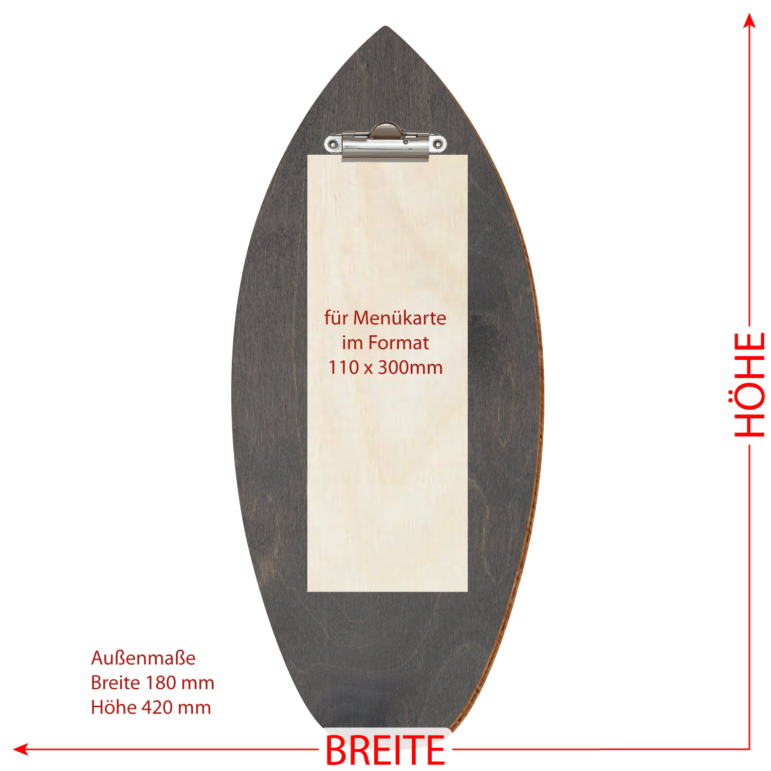 Holz Klemmbrett in Surfbrettform für Barformat, Außenmaße 180 x 420 mm, Innenmaße 110 x 300 mm