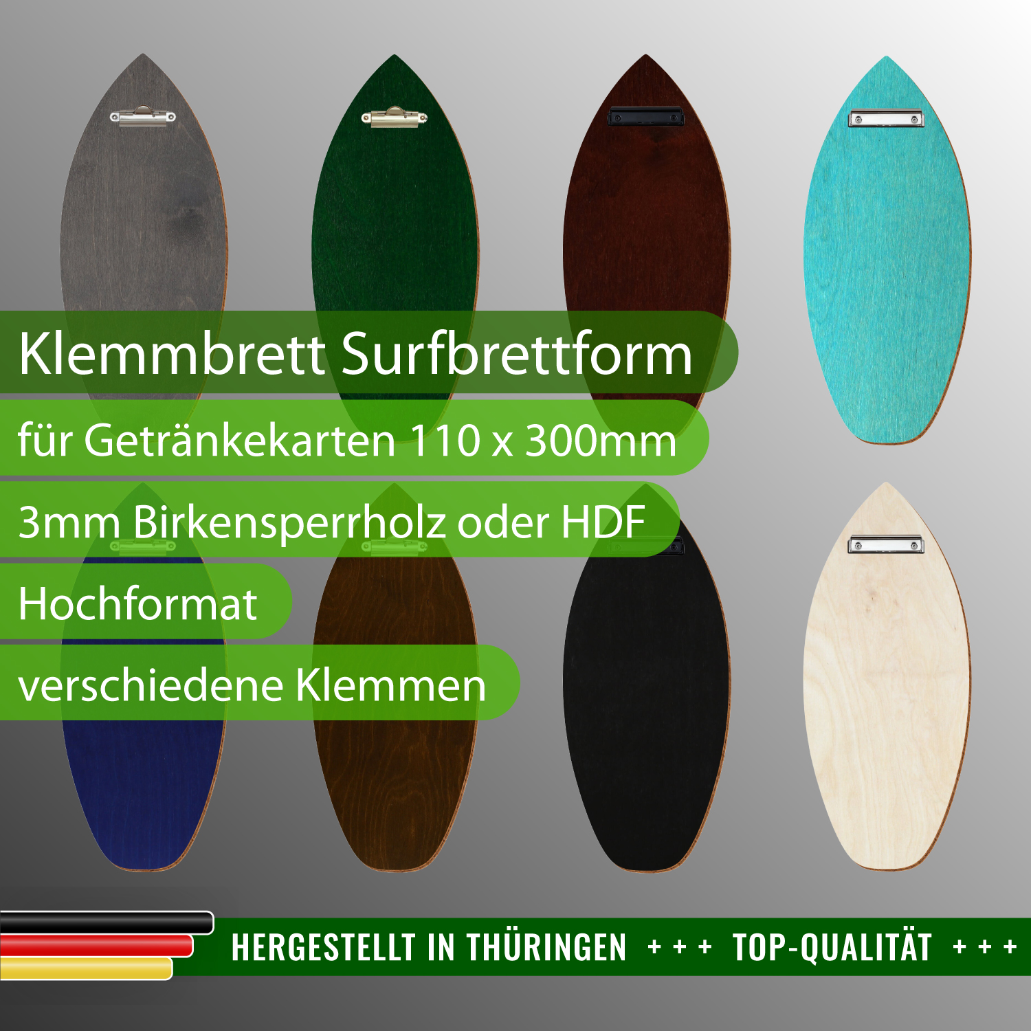 Gruppenbild Klemmbrett Gastro Holz in Surfbrettform für das Format 110 x 300 mm – verschiedene farbige Klemmbretter Getränkekarte im Sonderformat für Bars, Cafés und Restaurants