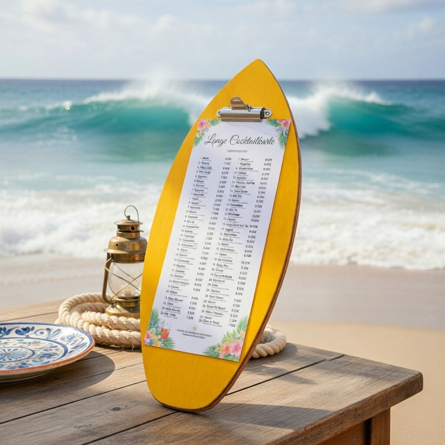 Gelbes Klemmbrett in Surfbrettform mit Cocktailkarte auf einem Tisch am Strand mit hohen Wellen
