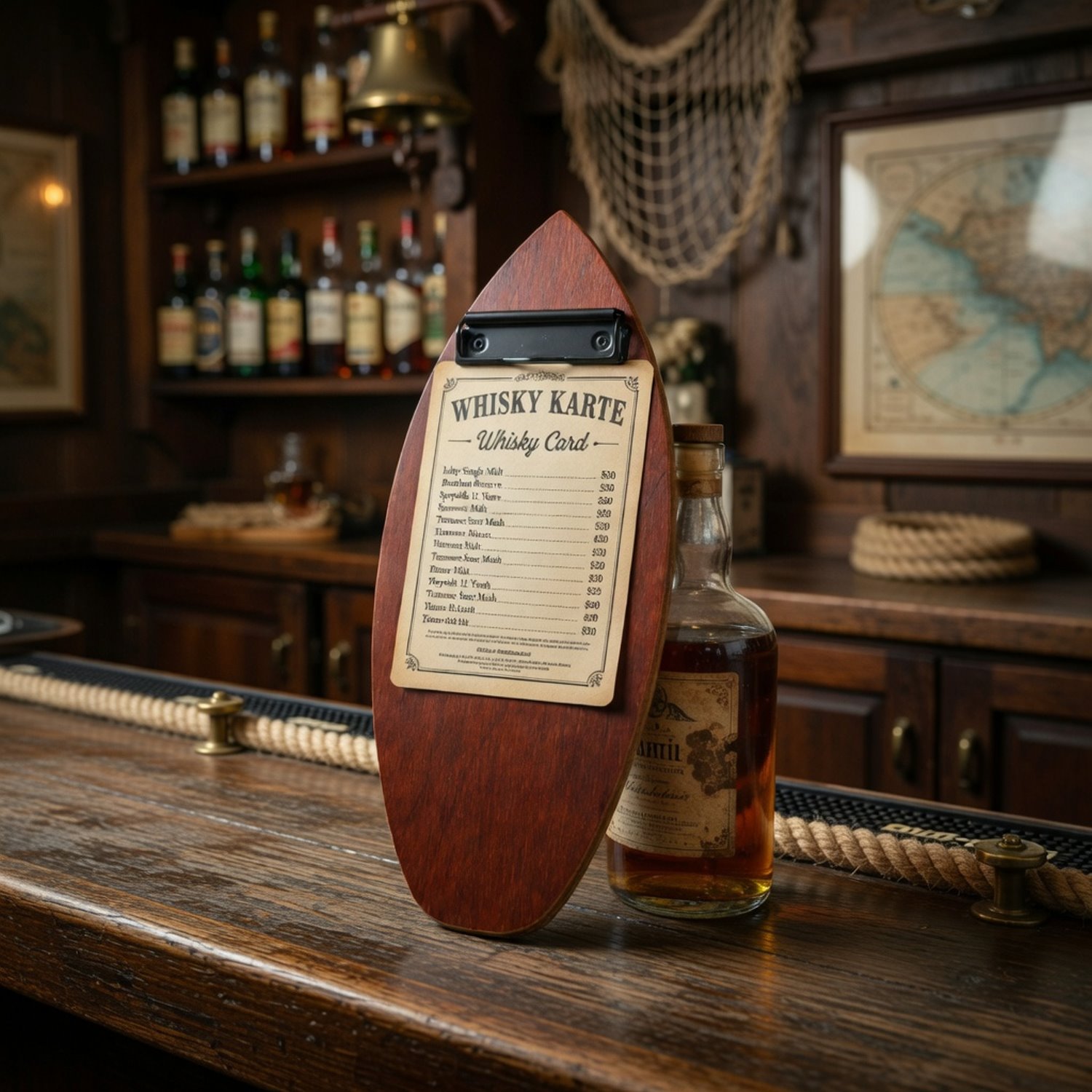 Dunkles Holz-Klemmbrett in Surfbrettform mit Whiskykarte auf dem Tresen in einer nautischen Bar
