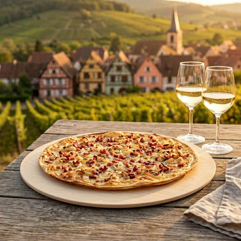 Rundes Pizzabrett mit klassischem Flammkuchen und zwei Gläsern Wein vor Elsässer Weinberglandschaft